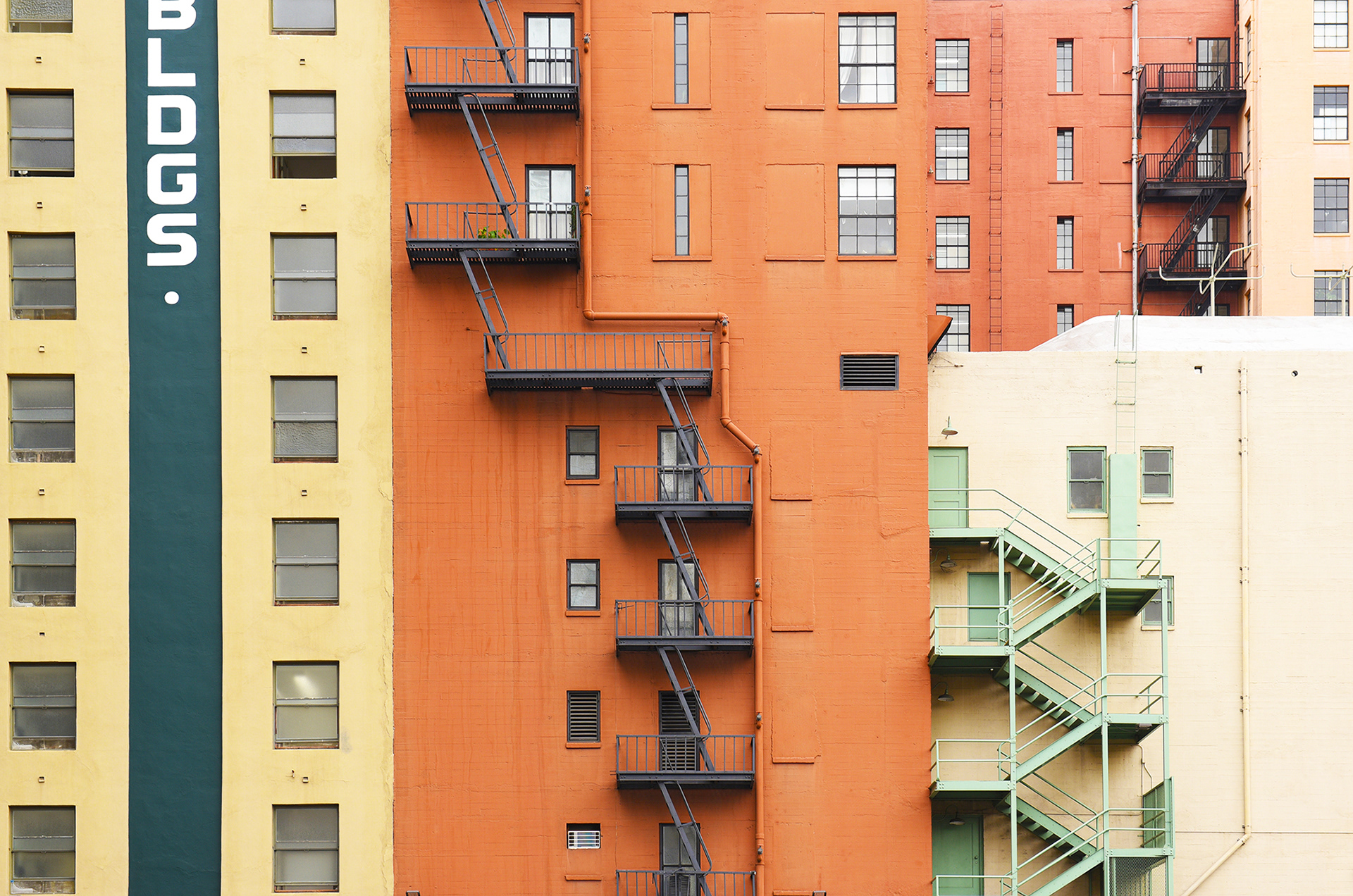 Closeup Color photograph of colorful buildings in the downtown area of Los Angeles.