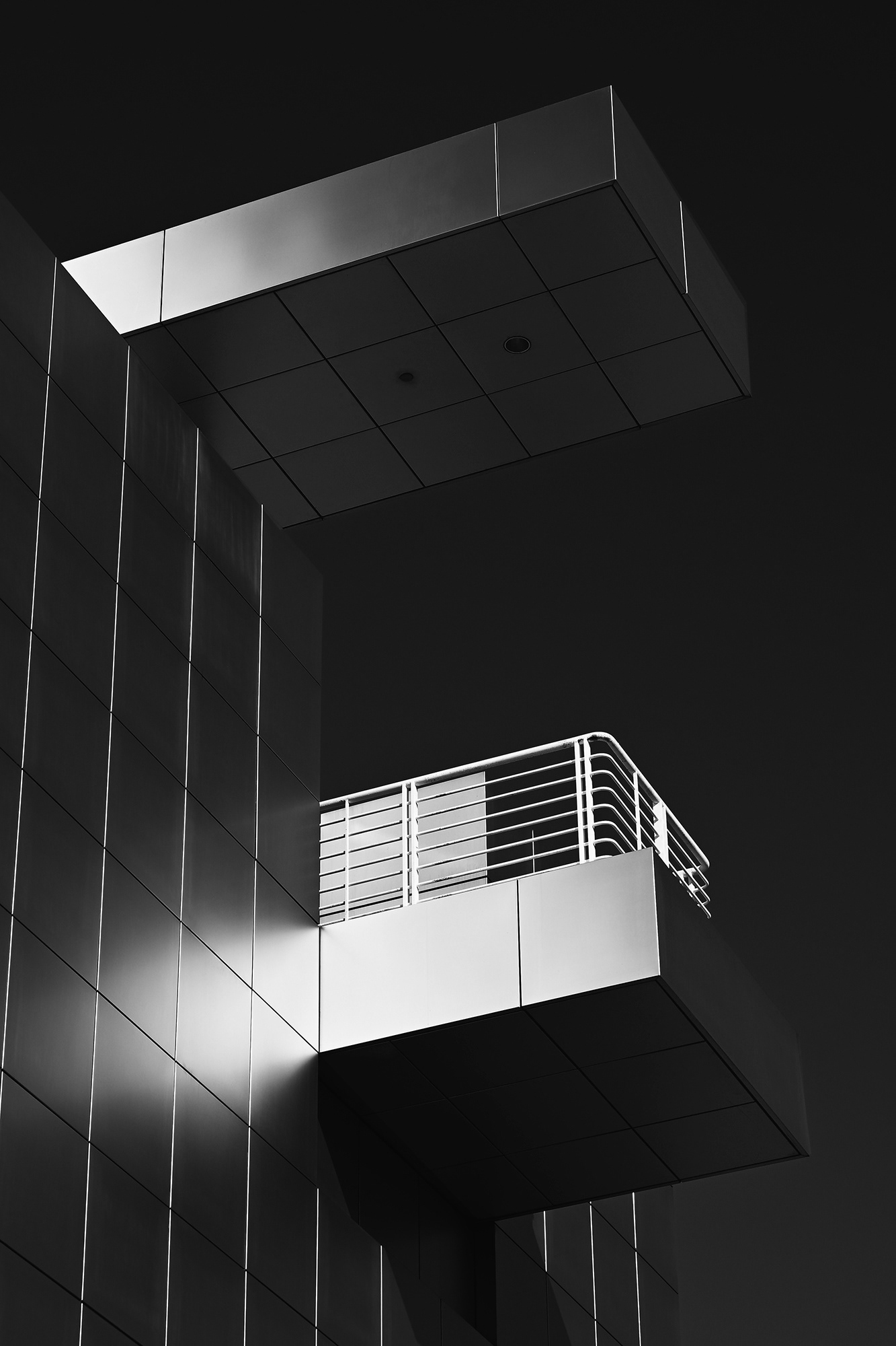 Detail of the Cultural Center at Christ Cathedral, black and white photograph