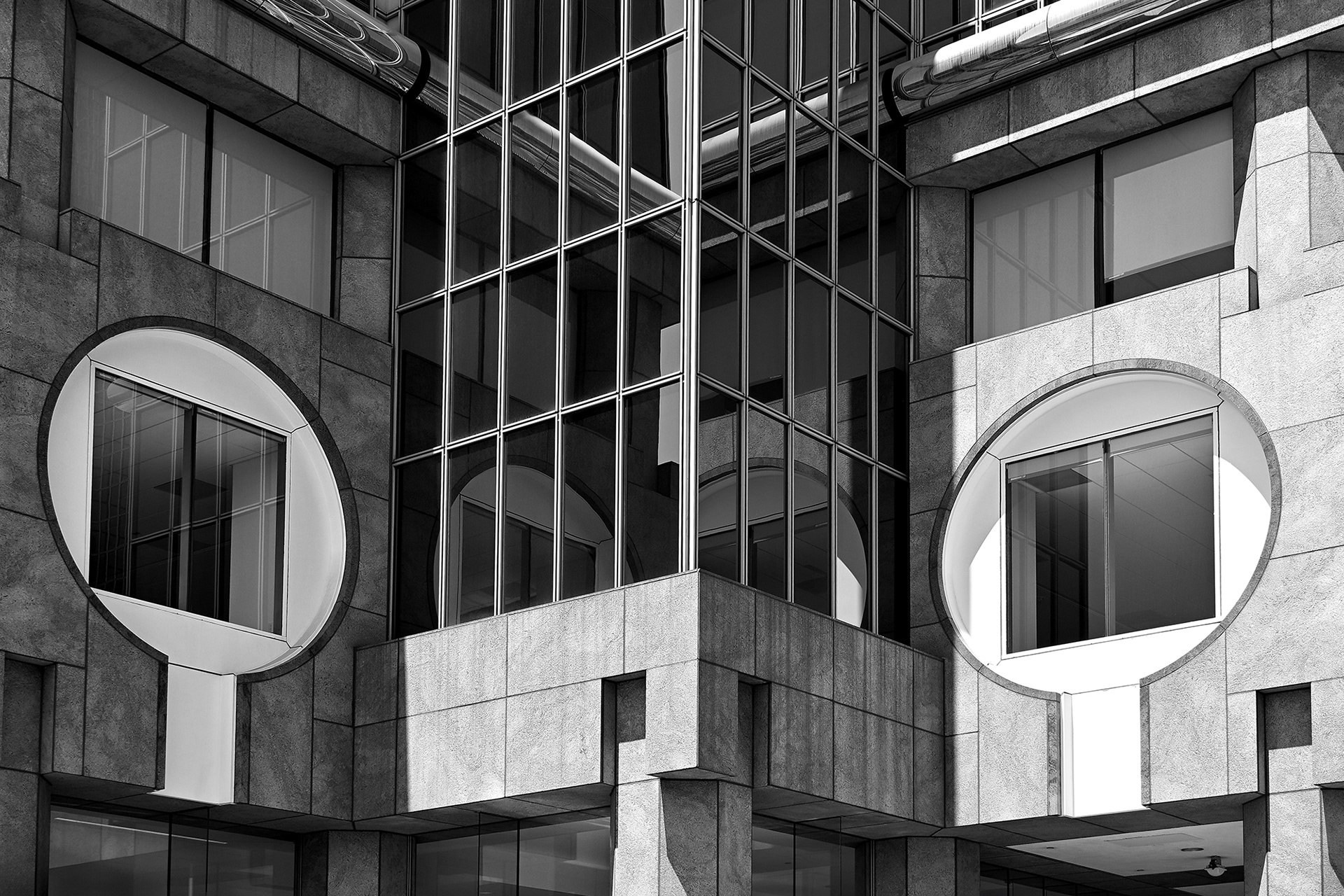 City National Bank building in the Bunker Hill area of Los Angeles, black and white photograph