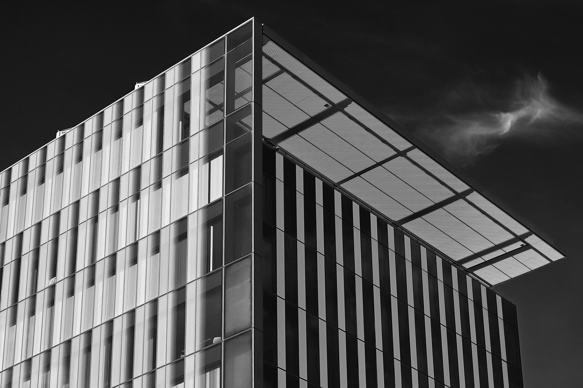 Cloud over Long Beach City Hall, black and white photograph