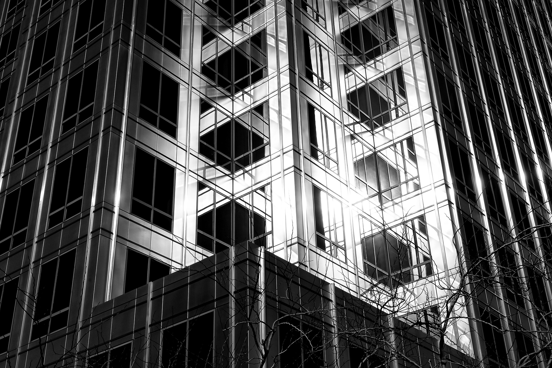 Morning sun on 600 Anton, a modern Office building in Costa Mesa California, black and white photograph