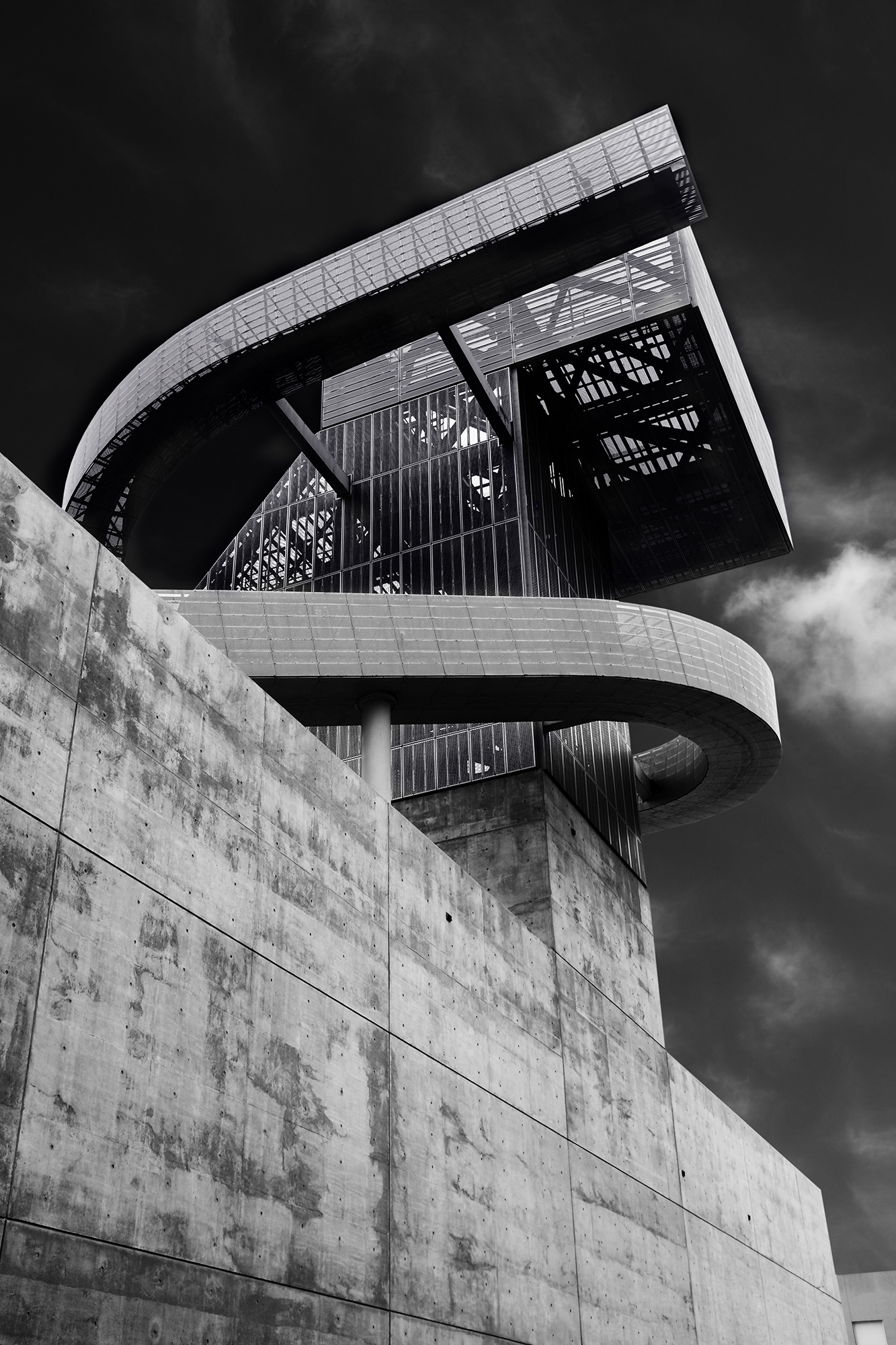 Building detail of The Ramon C. Cortines School of Visual and Performing Arts in the Los Angeles Unified School District. Black and white photograph