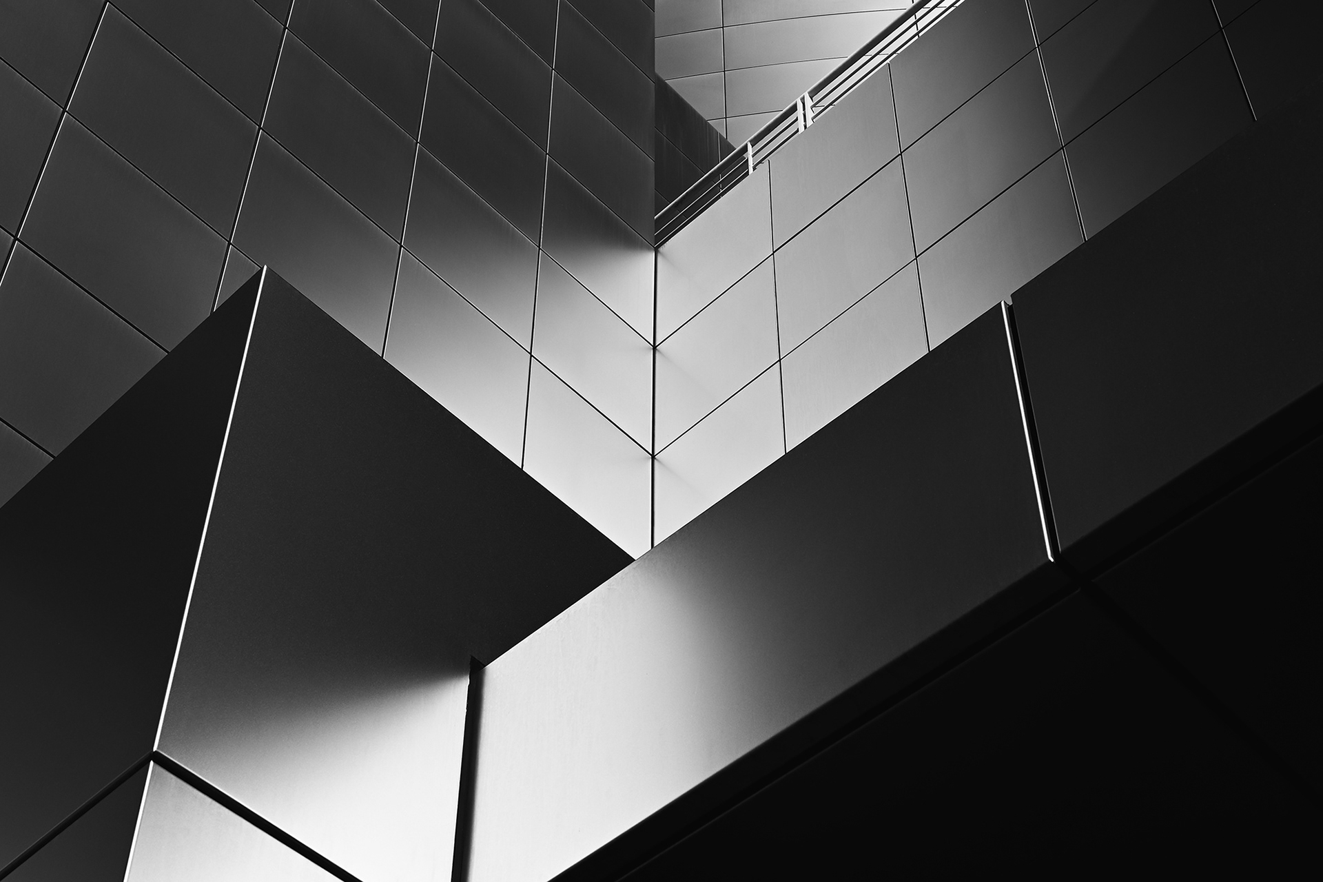 Shapes and shadows closeup of the Cultural Center, Christ Cathedral, black and white photograph