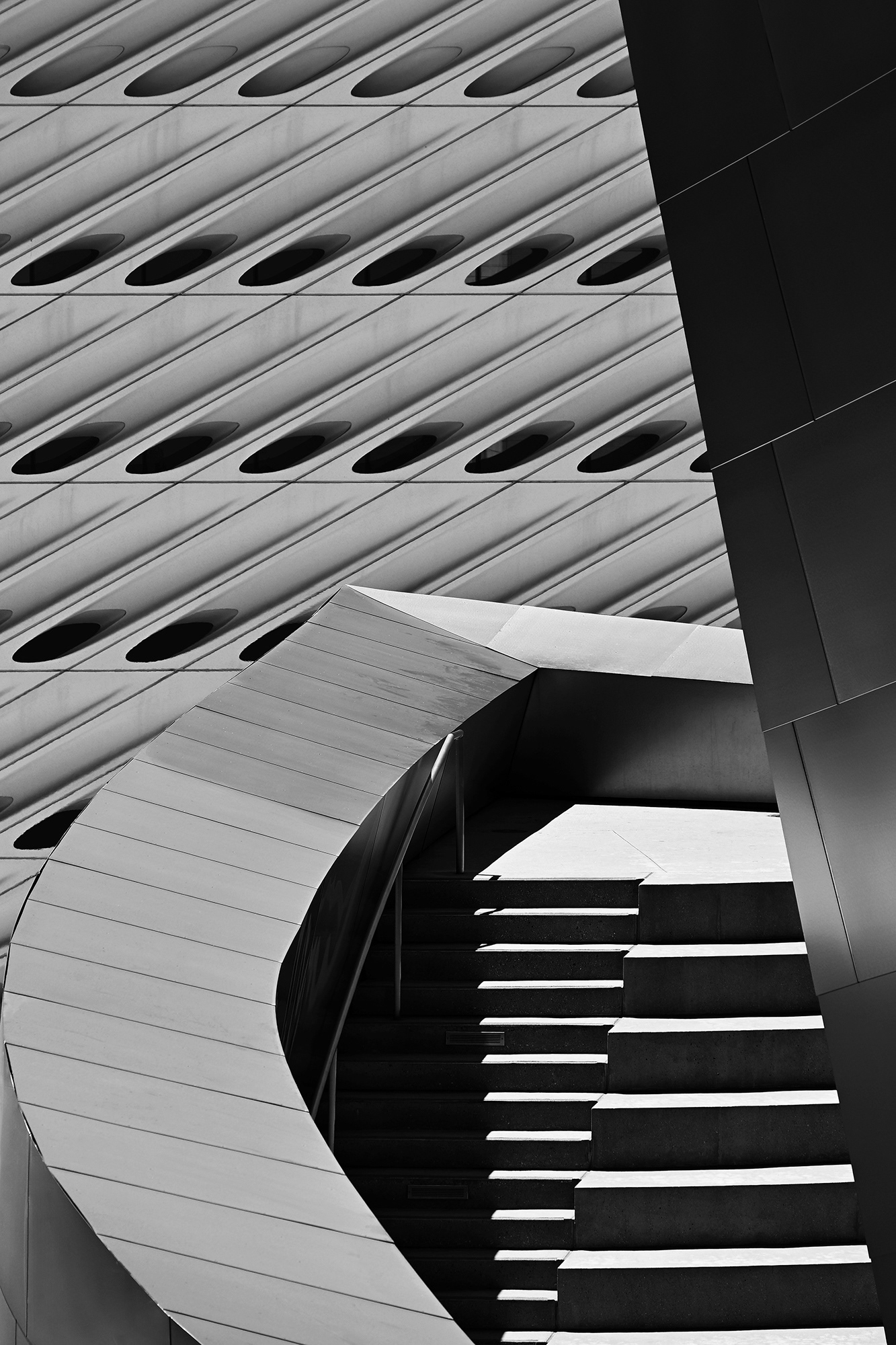 Disney Concert Hall detail with The Broad in the background, black and white photograph