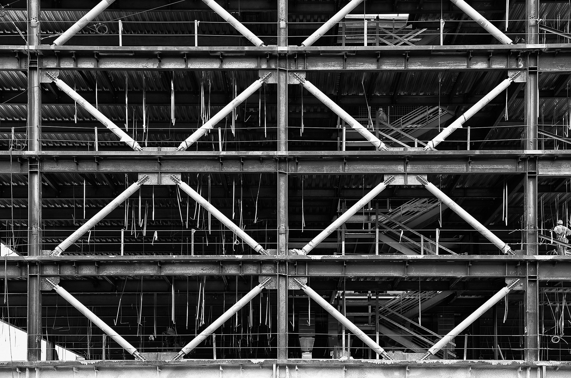 Detail of a new building under construction, Santa Ana, California, black and white photograph