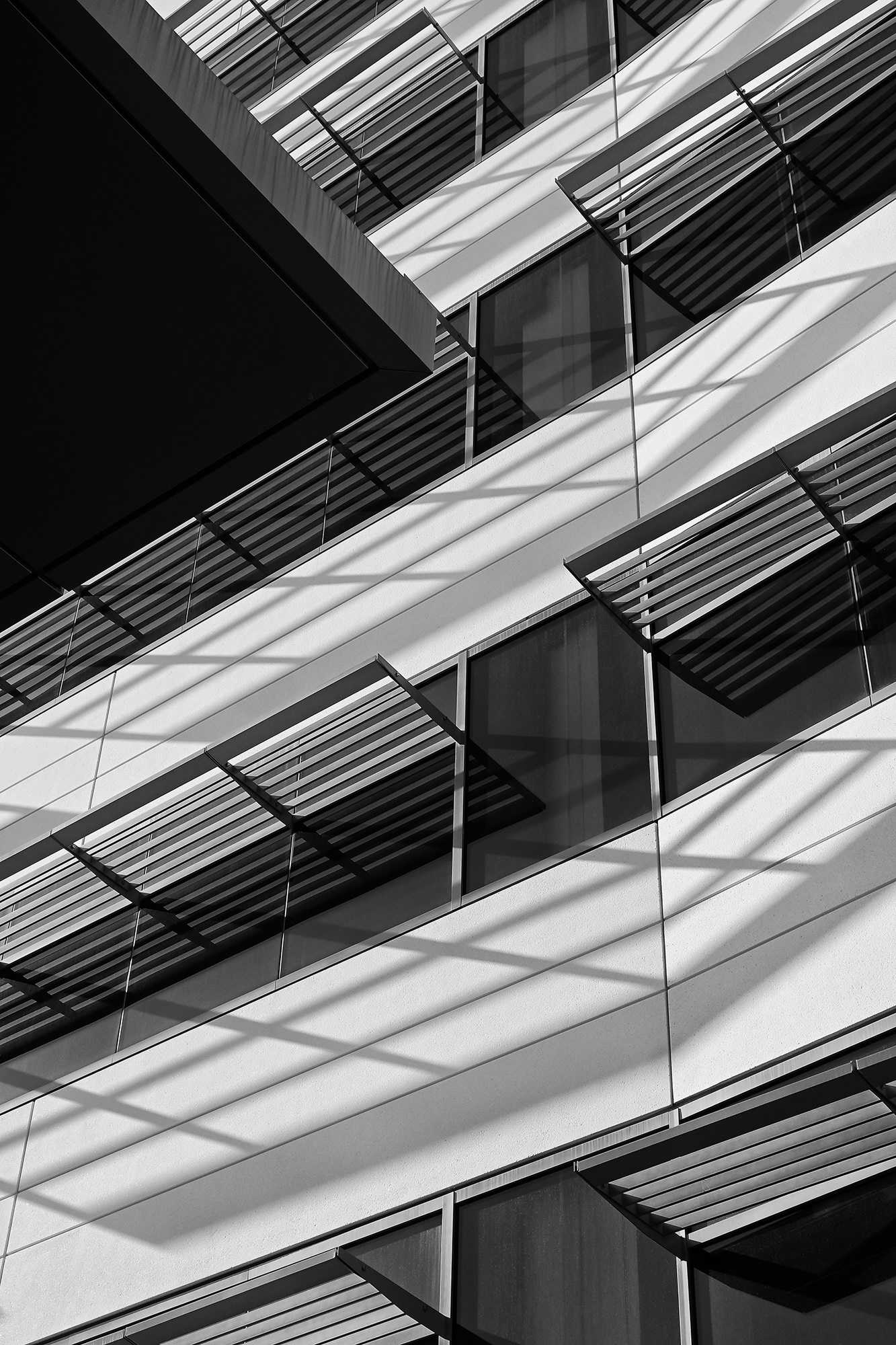 Shadows on a building in the Santa Ana Civic Center, black and white photograph