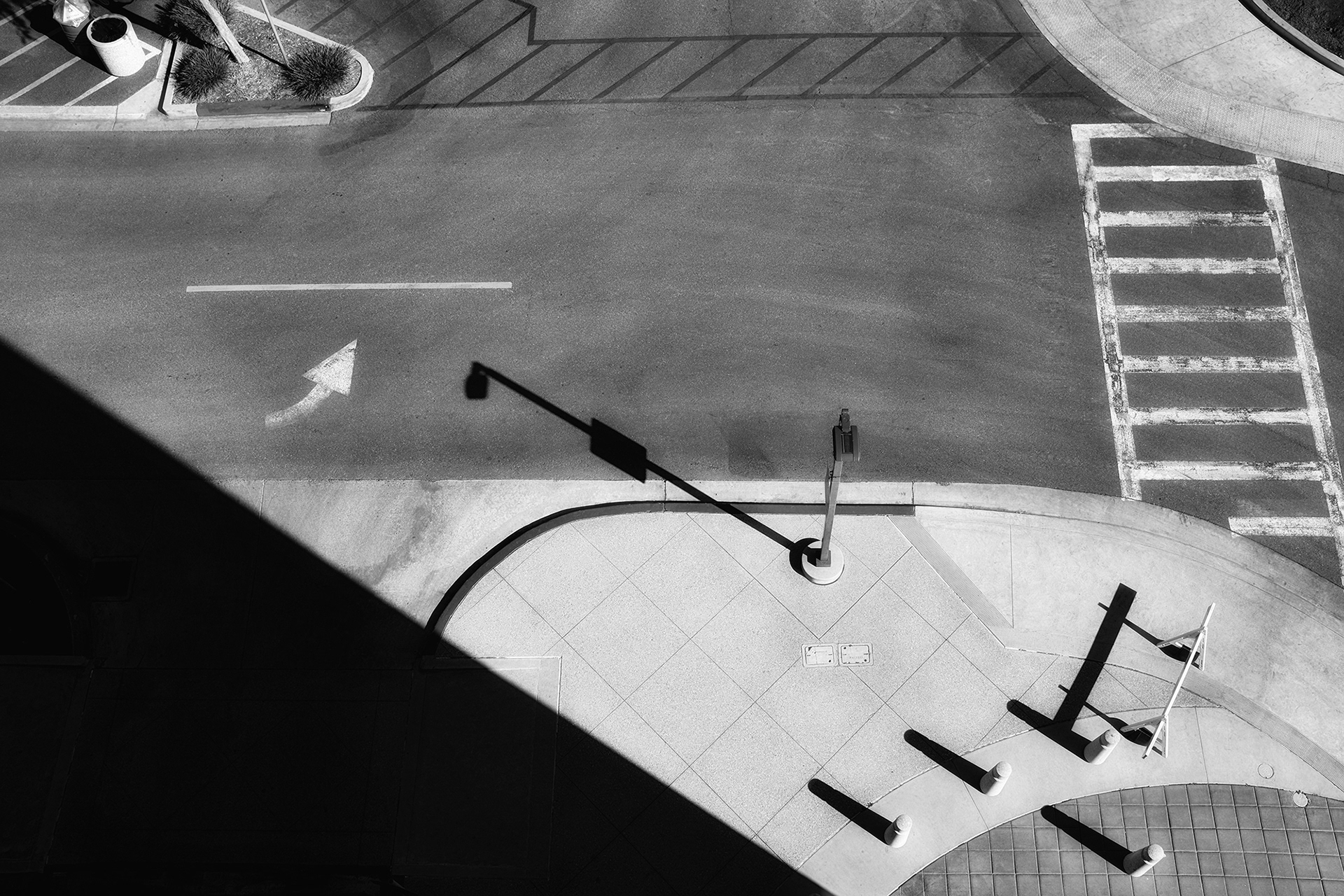 Parking Lot Crosswalk seen fron a high angle, black and white photograph