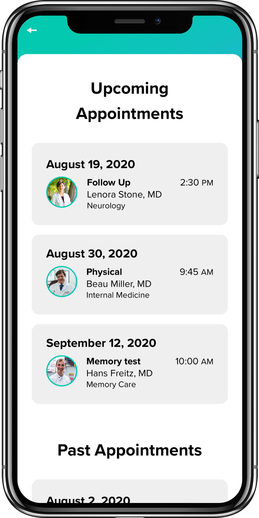 Mockup of the main Appointments screen showing Upcoming and Past Appointments