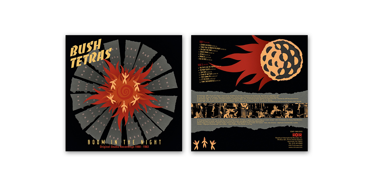 Front and back covers of the vinyl LP design for "Boom in the Night" by the Bush Tetras