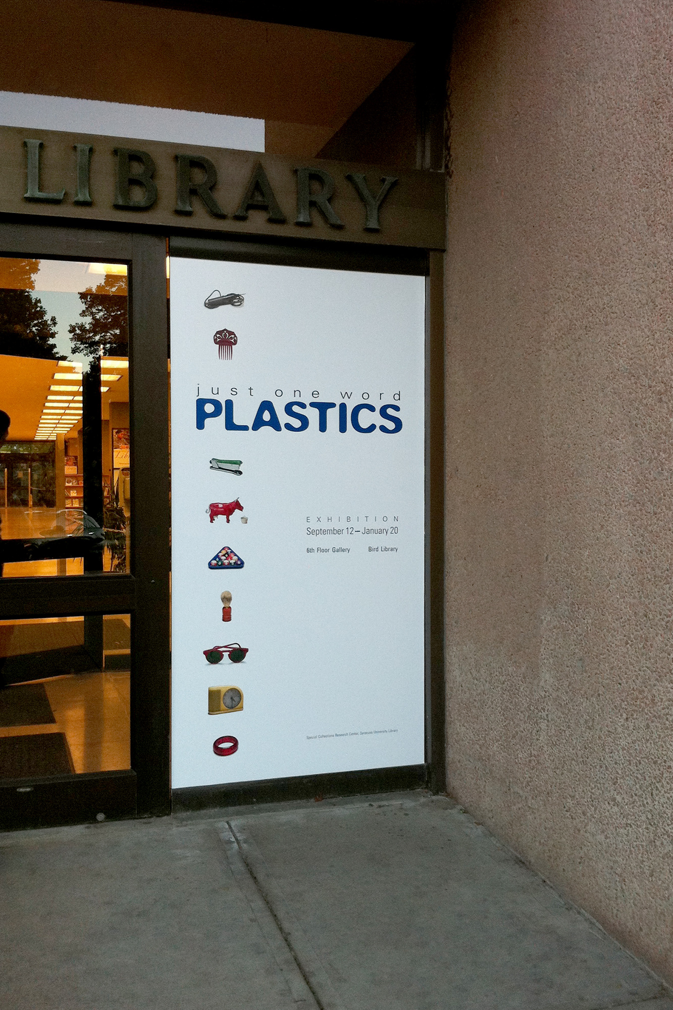 Window cling installed on Bird Library’s entrance window