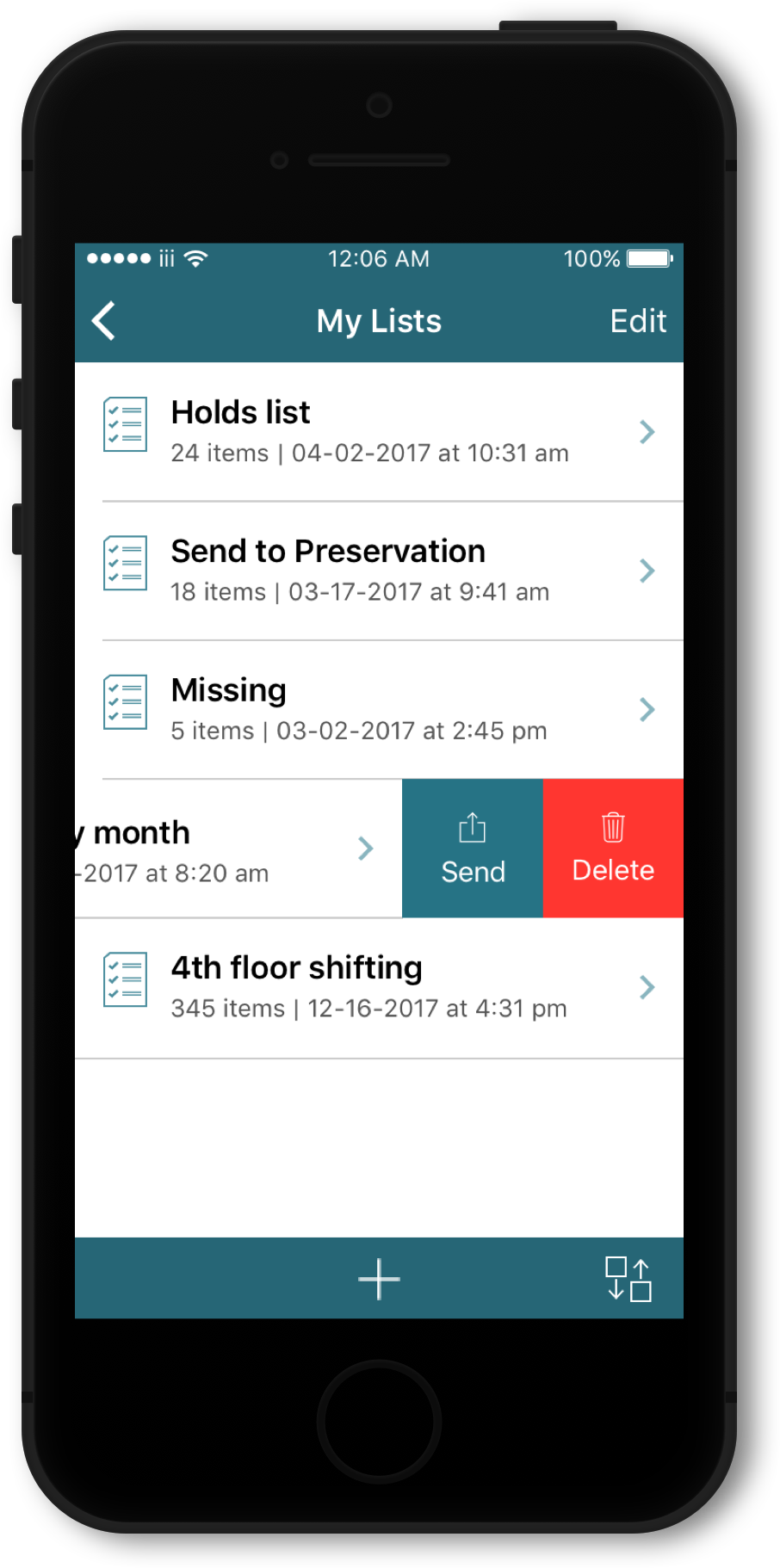 My Lists screen showing the ability to send or delete a list in Mobile Worklists