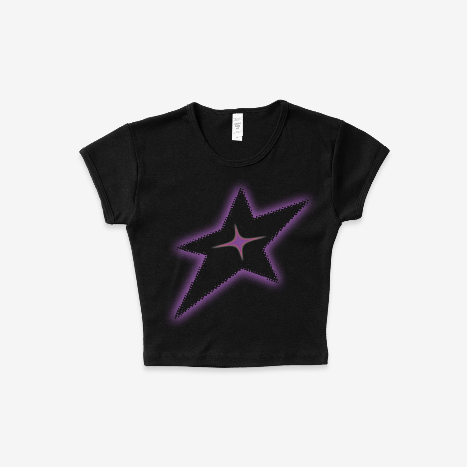 Black and purple 5-point star crop top with a central 4-point star in the center of the larger star (CMYK)