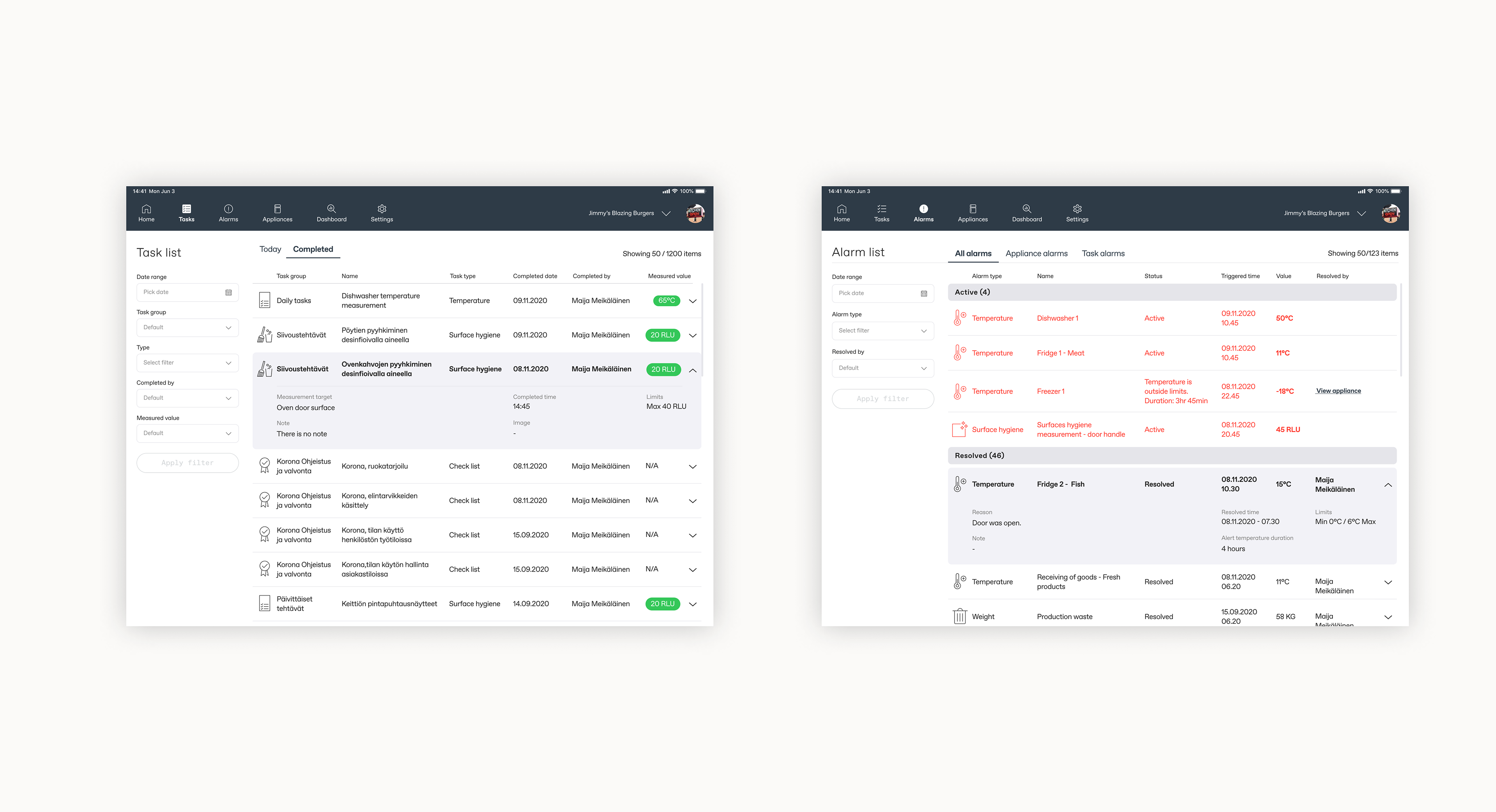 Display of task history and alarm history.