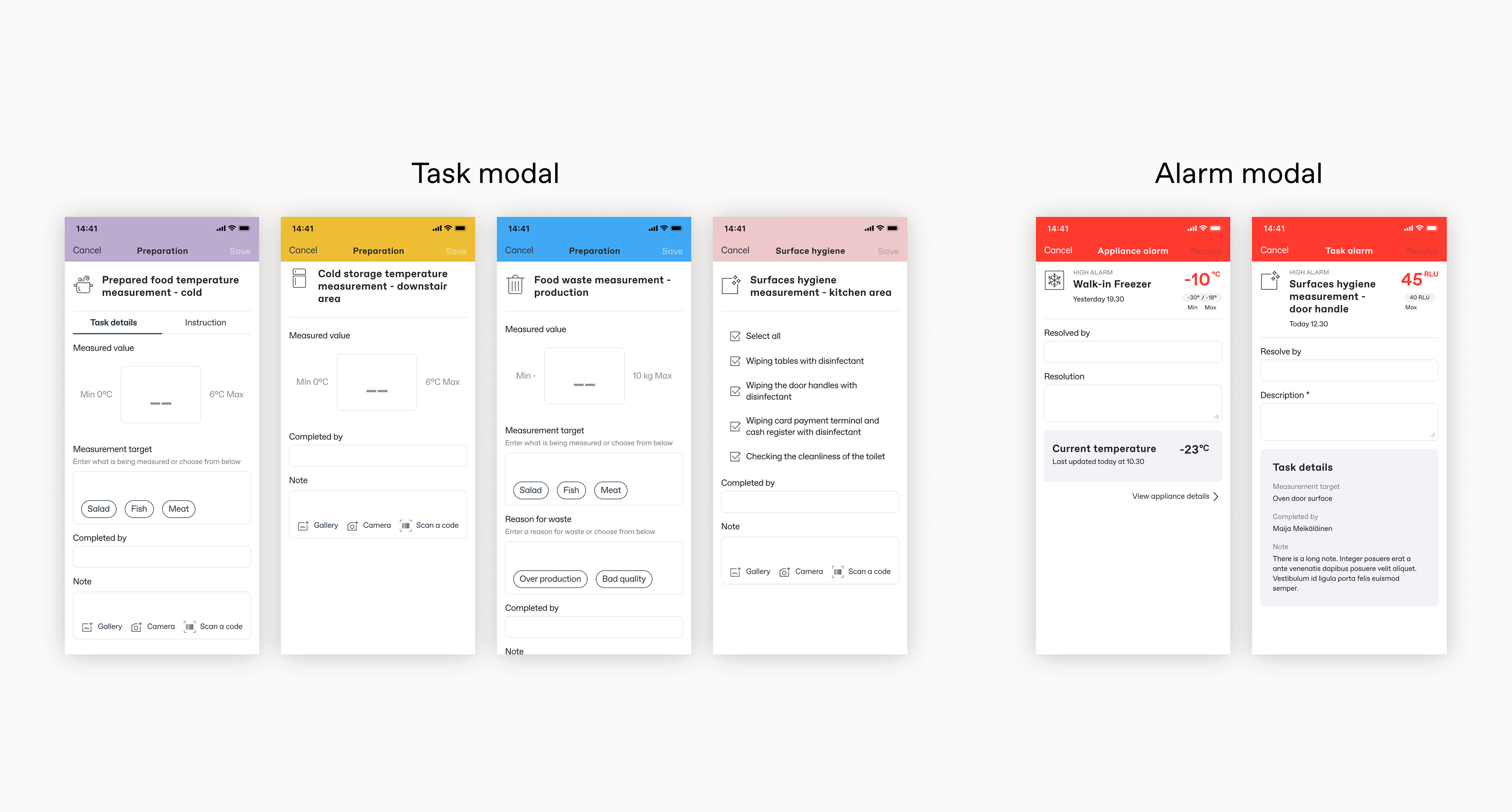Display of different task modals and alarm modal.
