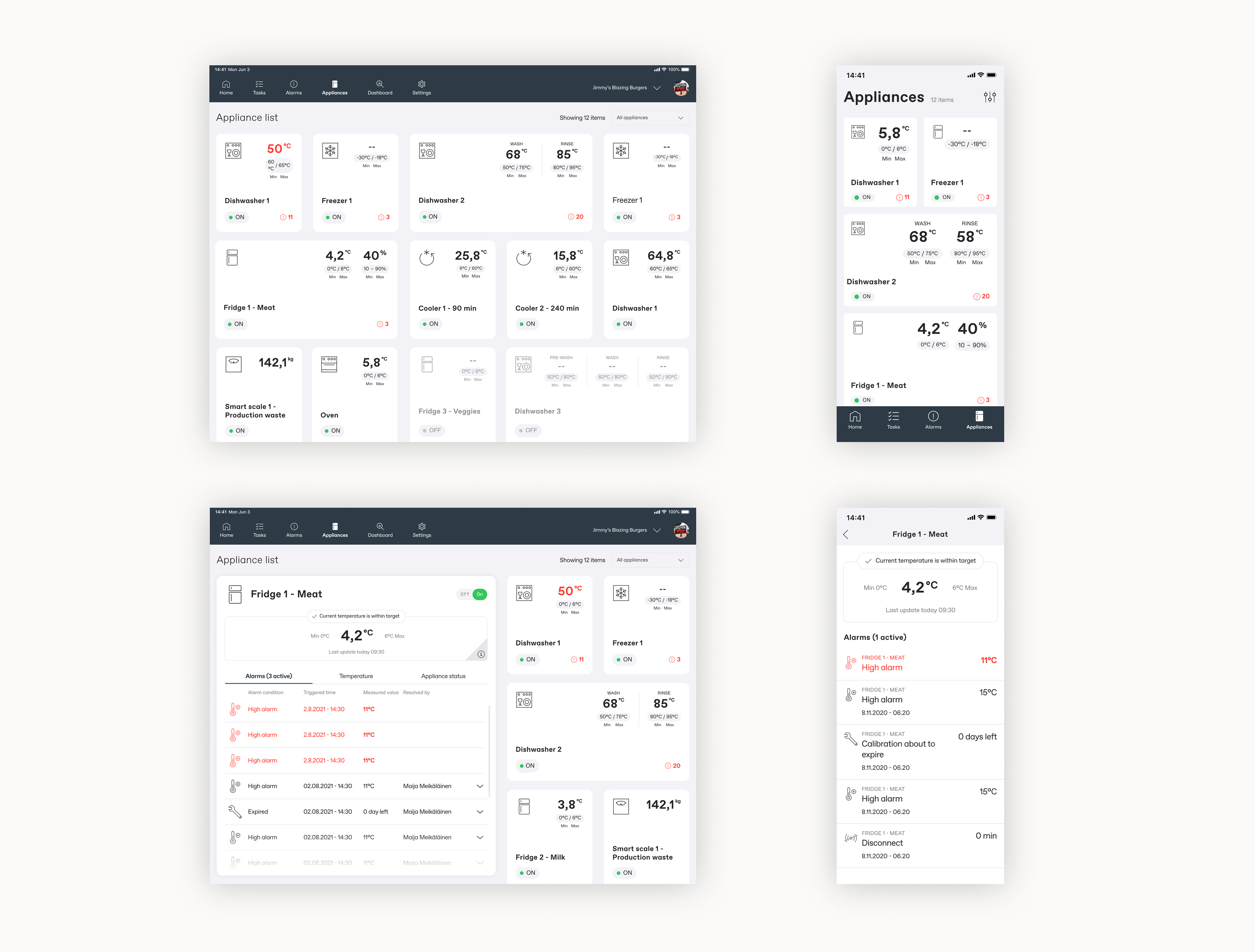 Display of appliance view in tablet and mobile screen sizes.