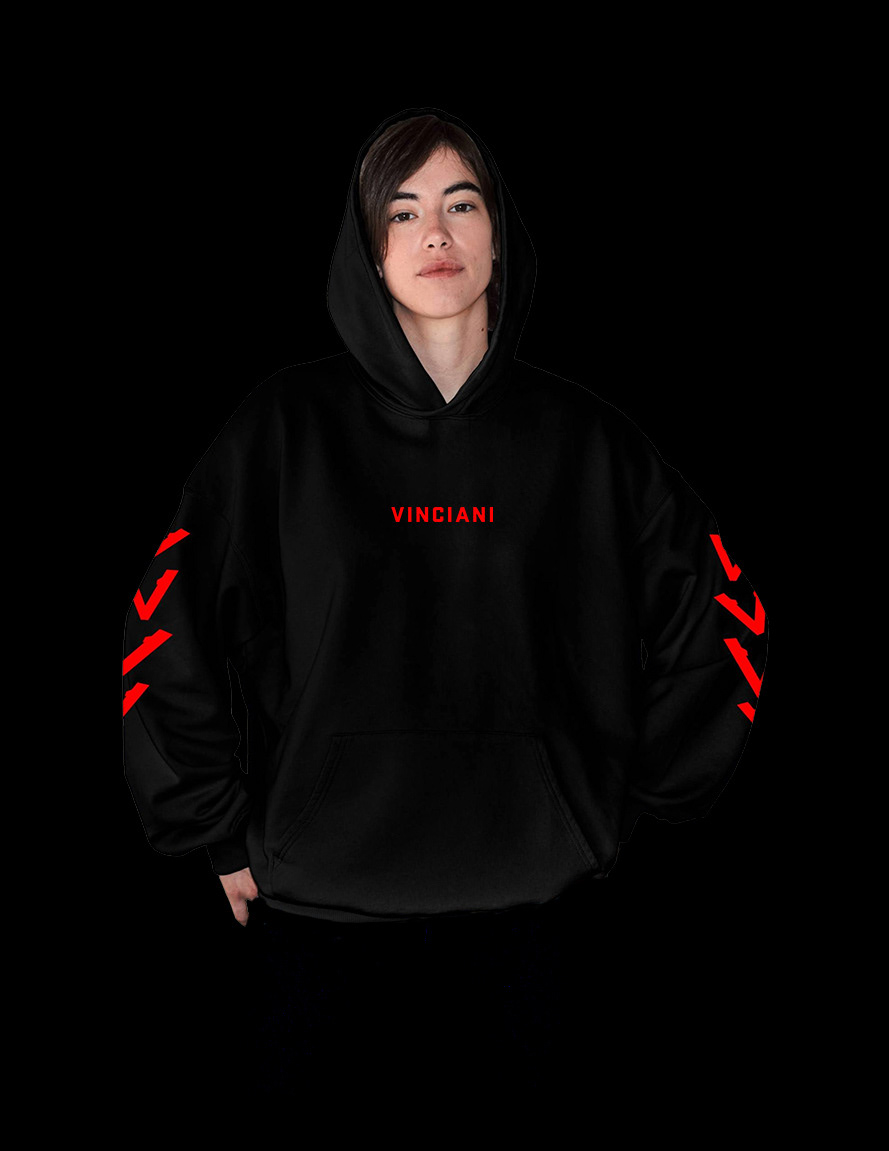 Vinciani black hoodie with red logo and red V stripe sleeves, worn by model against dark background, luxury streetwear design.