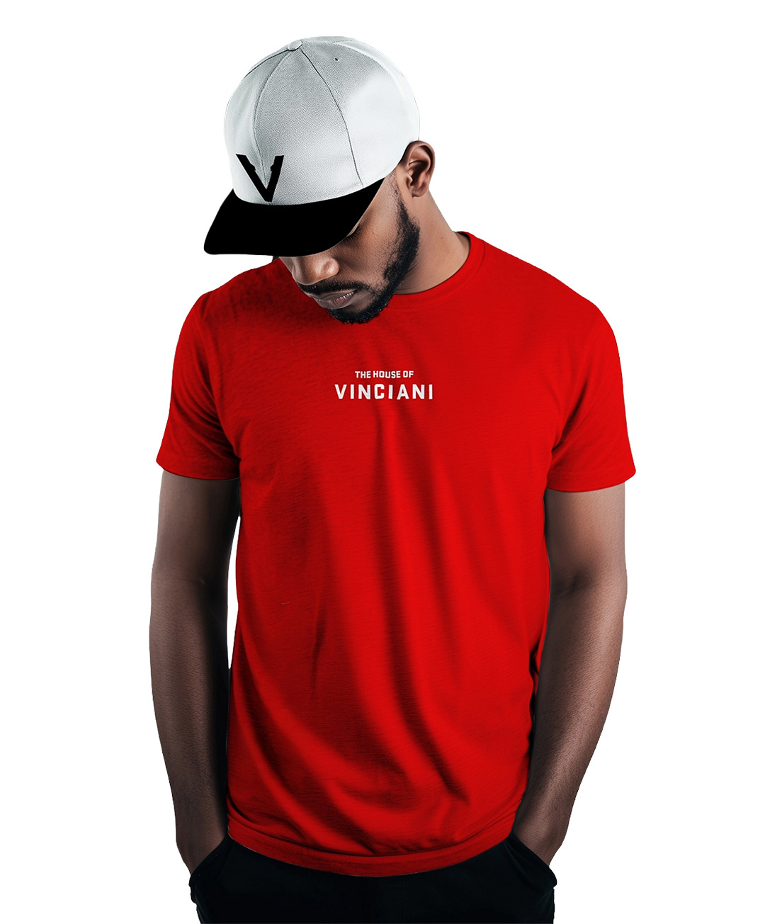 Vinciani red t-shirt with 'The House of Vinciani' front text, worn by model with V logo cap, modern streetwear design.