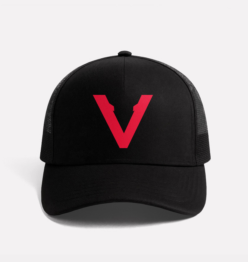 Vinciani black cap with red V logo on front, minimalist luxury streetwear accessory.