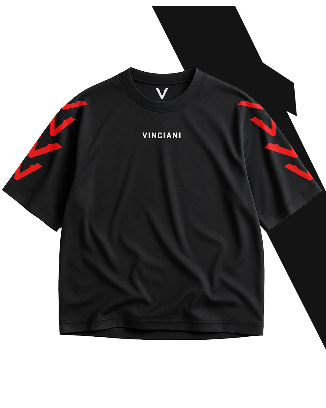 Vinciani black t-shirt with red sleeve graphics and front logo, modern streetwear design with signature V aesthetic.