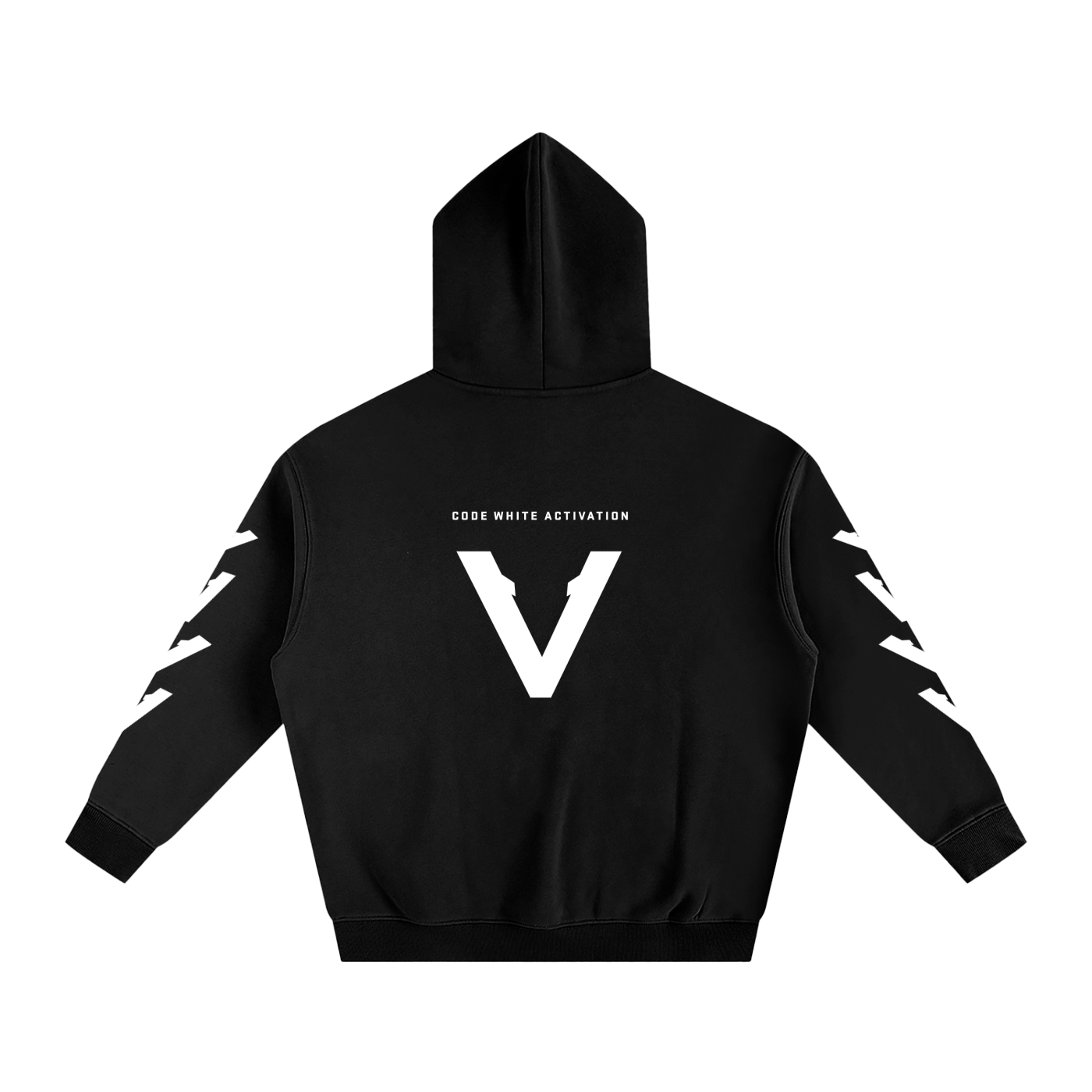 Back view of black Vinciani Code White Activation hoodie featuring oversized V back graphic and signature V sleeve stripe design.