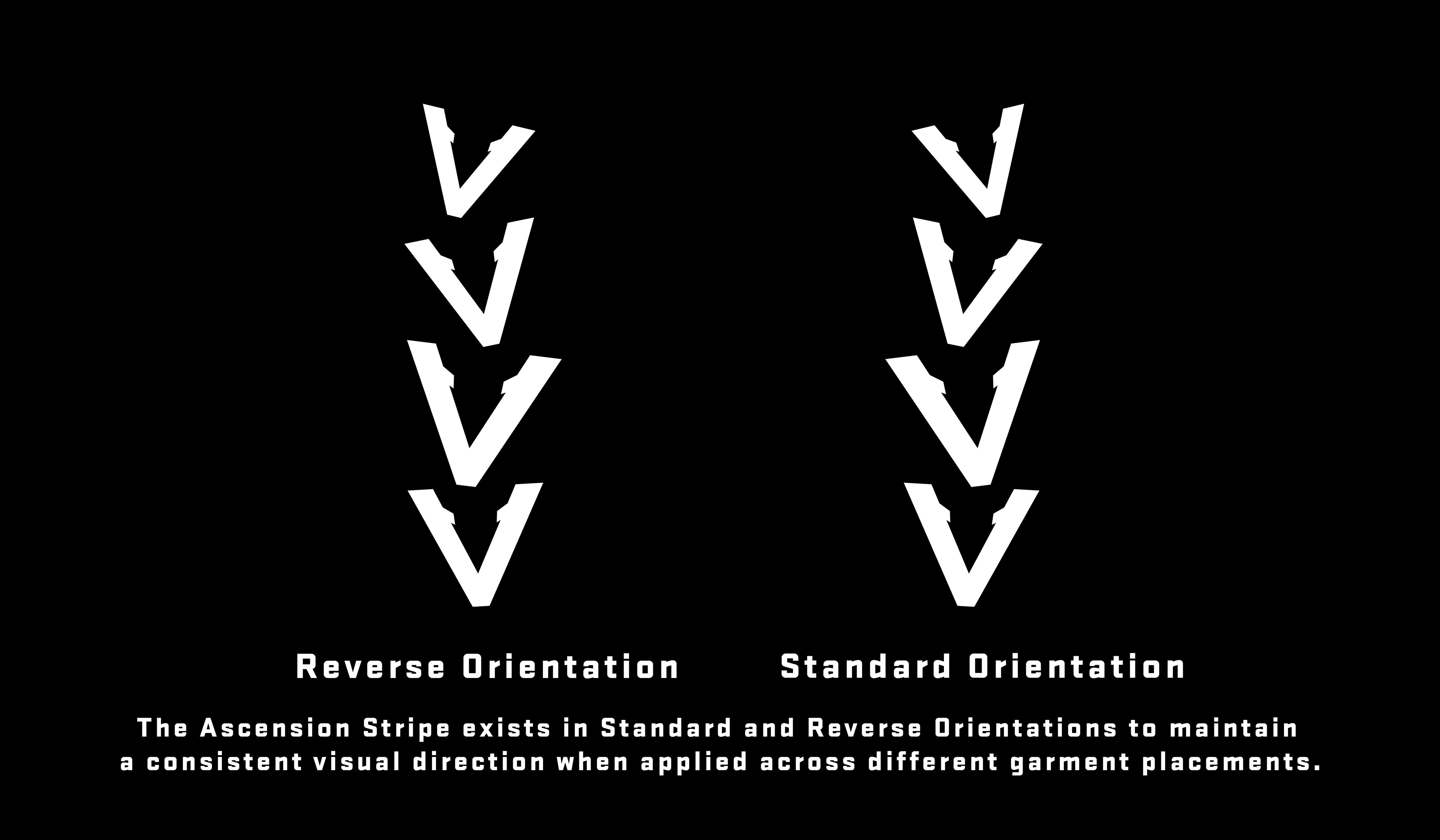 Brand architecture diagram of the Vinciani Ascension Stripe showing standard and reverse orientations for consistent application across premium fashion garments.