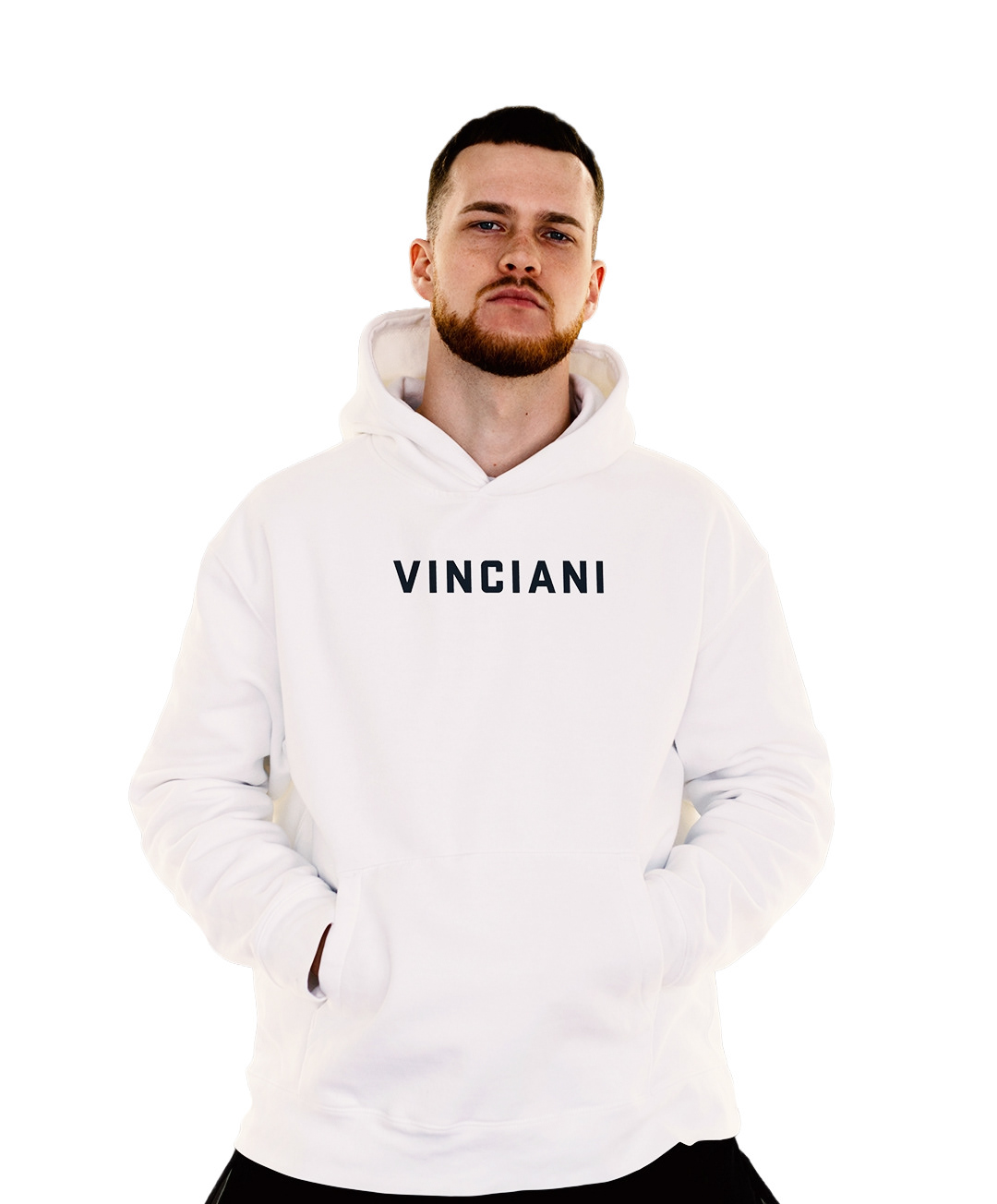 White Vinciani hoodie featuring bold front logo, clean minimal luxury streetwear aesthetic on model.