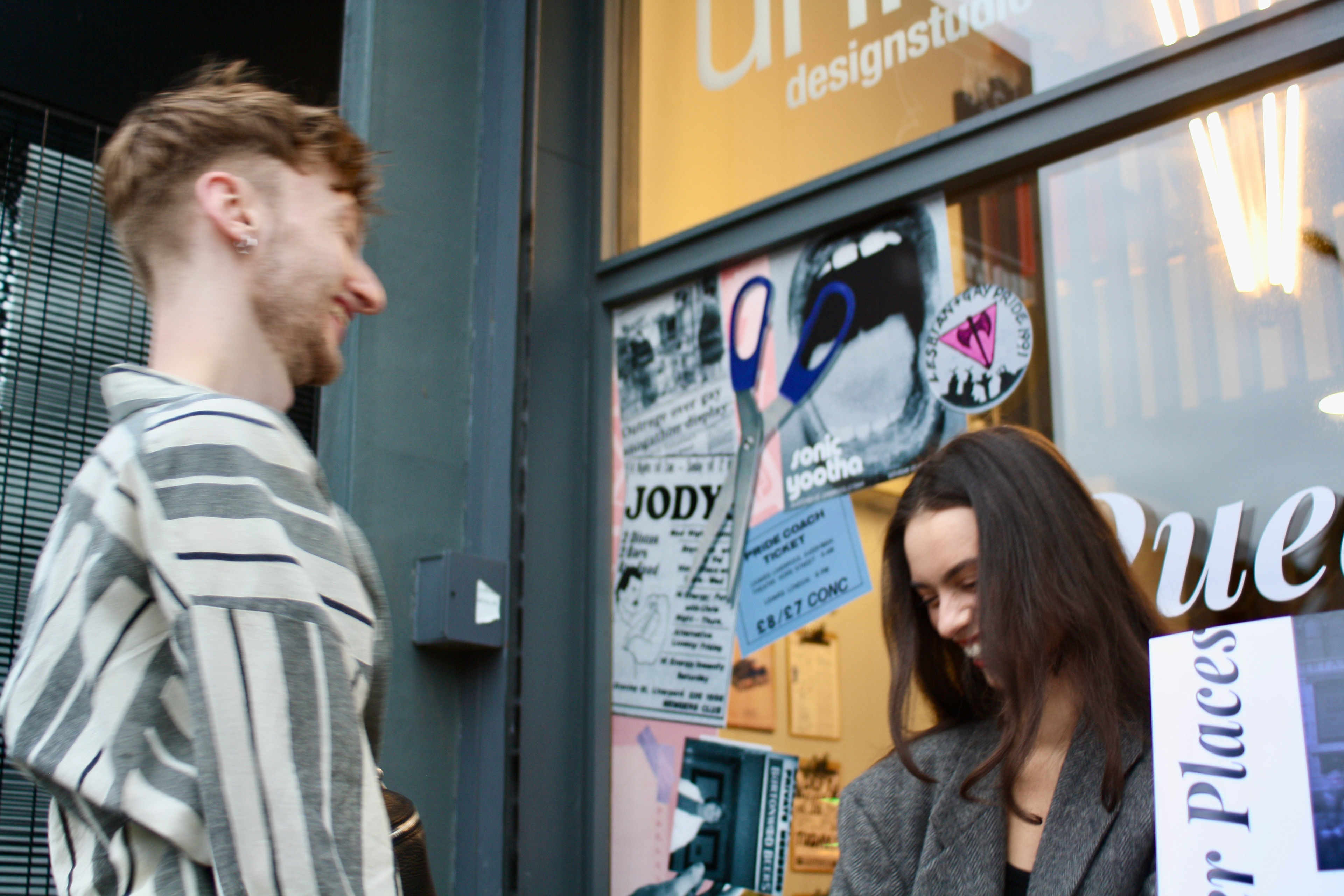 Giggles outside the exhibition