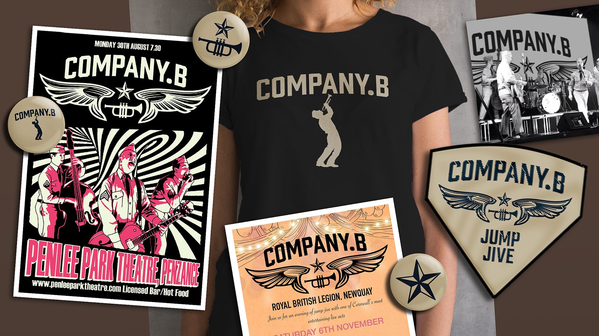 The new Comapny B branding shown in various applications including badges, gig flyers, posters a unifrom sleeve patch and a T-shirt.