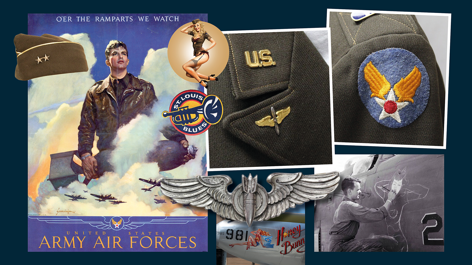 Various items of visual reference from the Company B re-branding project including Vintage air force uniforms, badges, airplane nose art and a propaganda poster.