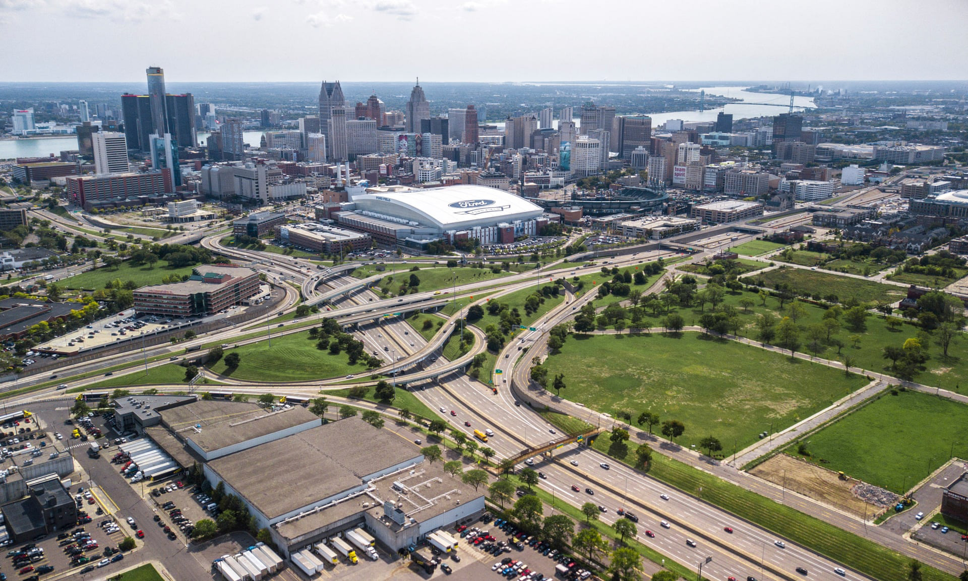 aerial image of downtown detroit