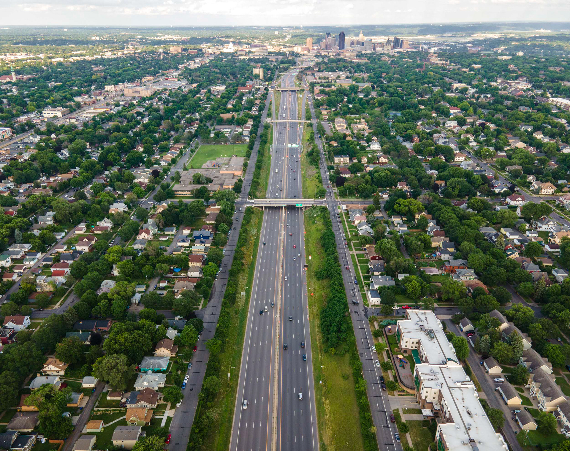 aerial view of highways and homes in minneapolis