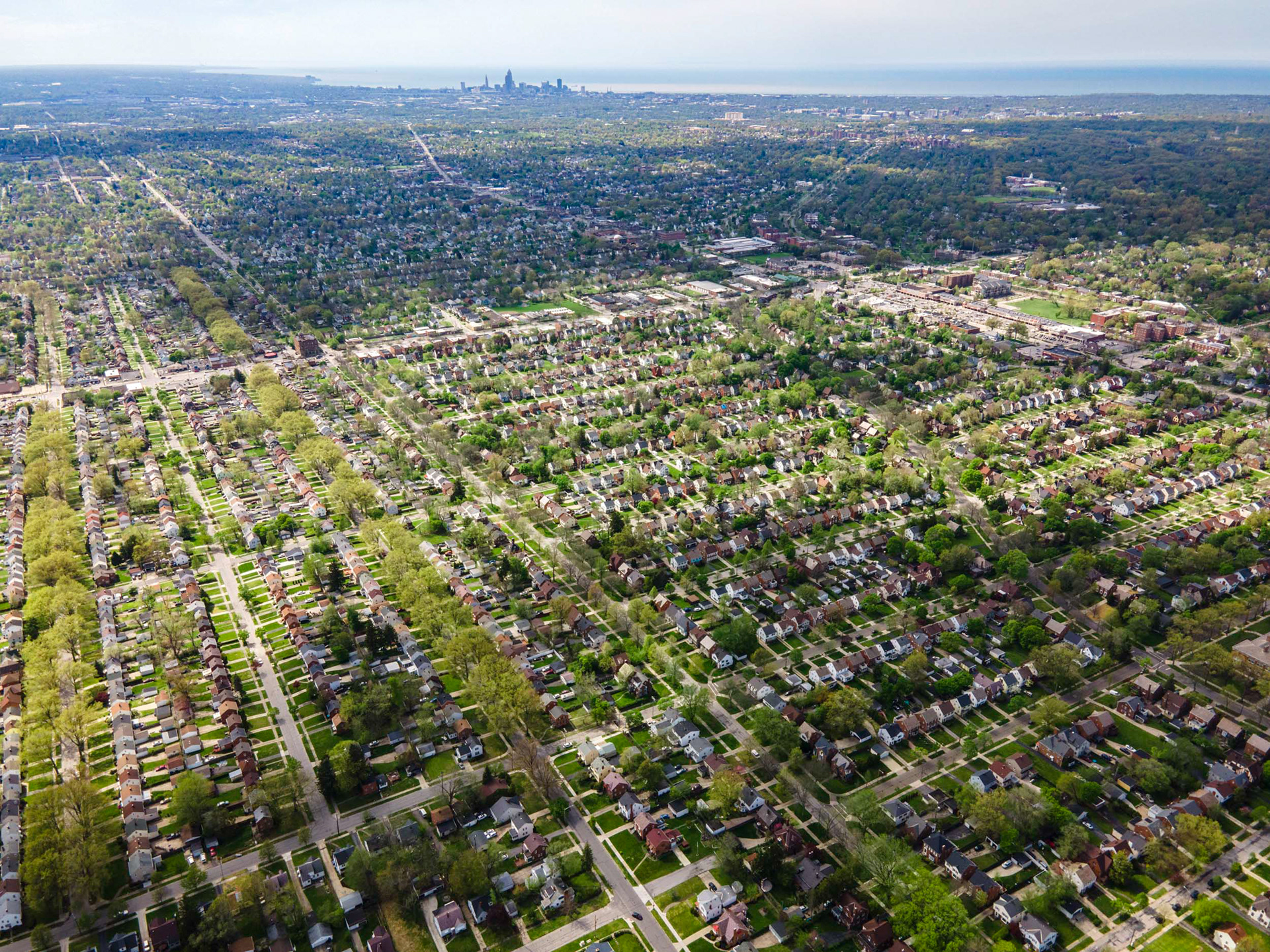 aerial view of a blocked road in a cleveland neighborhood