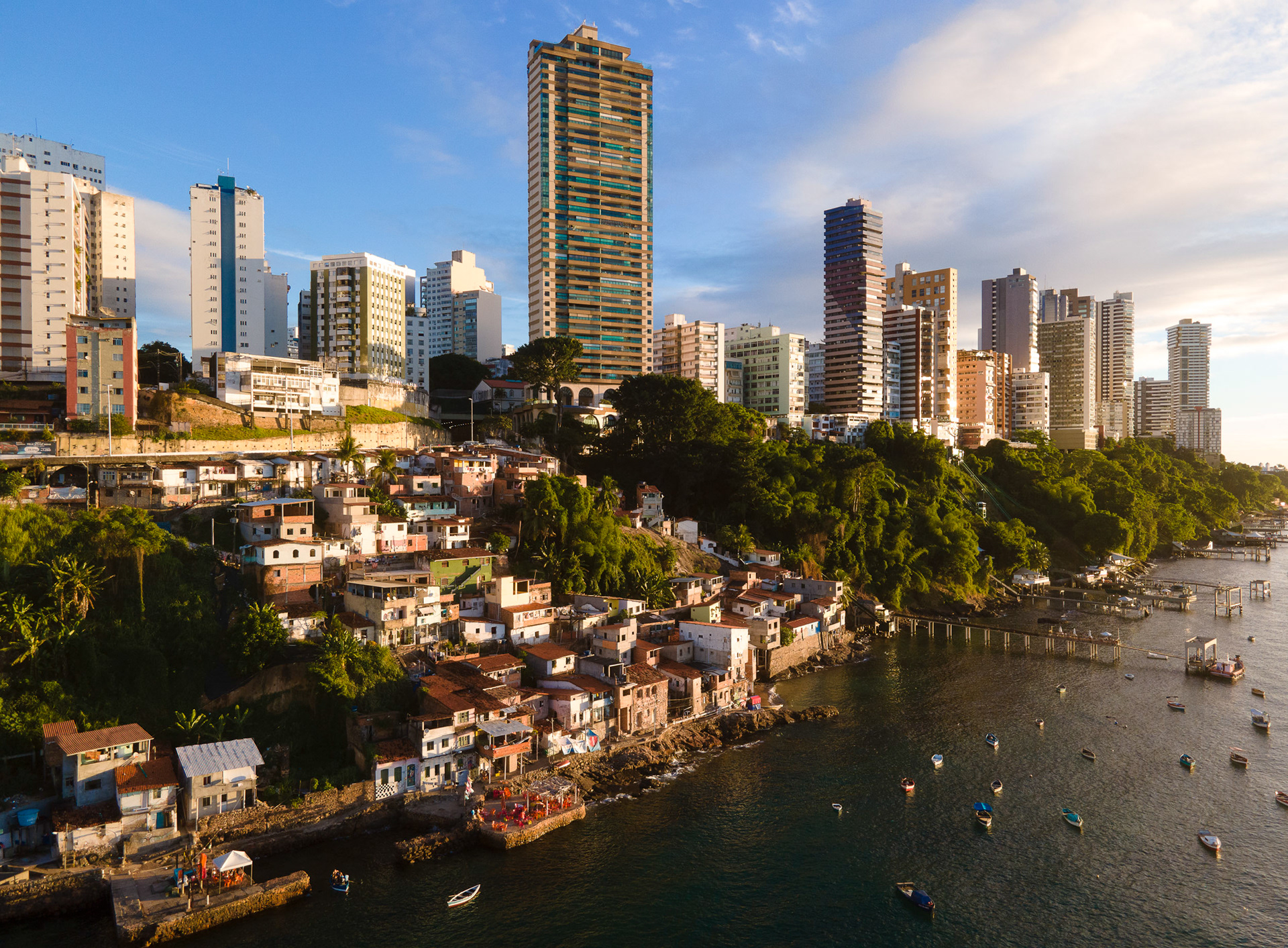 Fishing village next to skyscrapers, Salvador, Brazi.