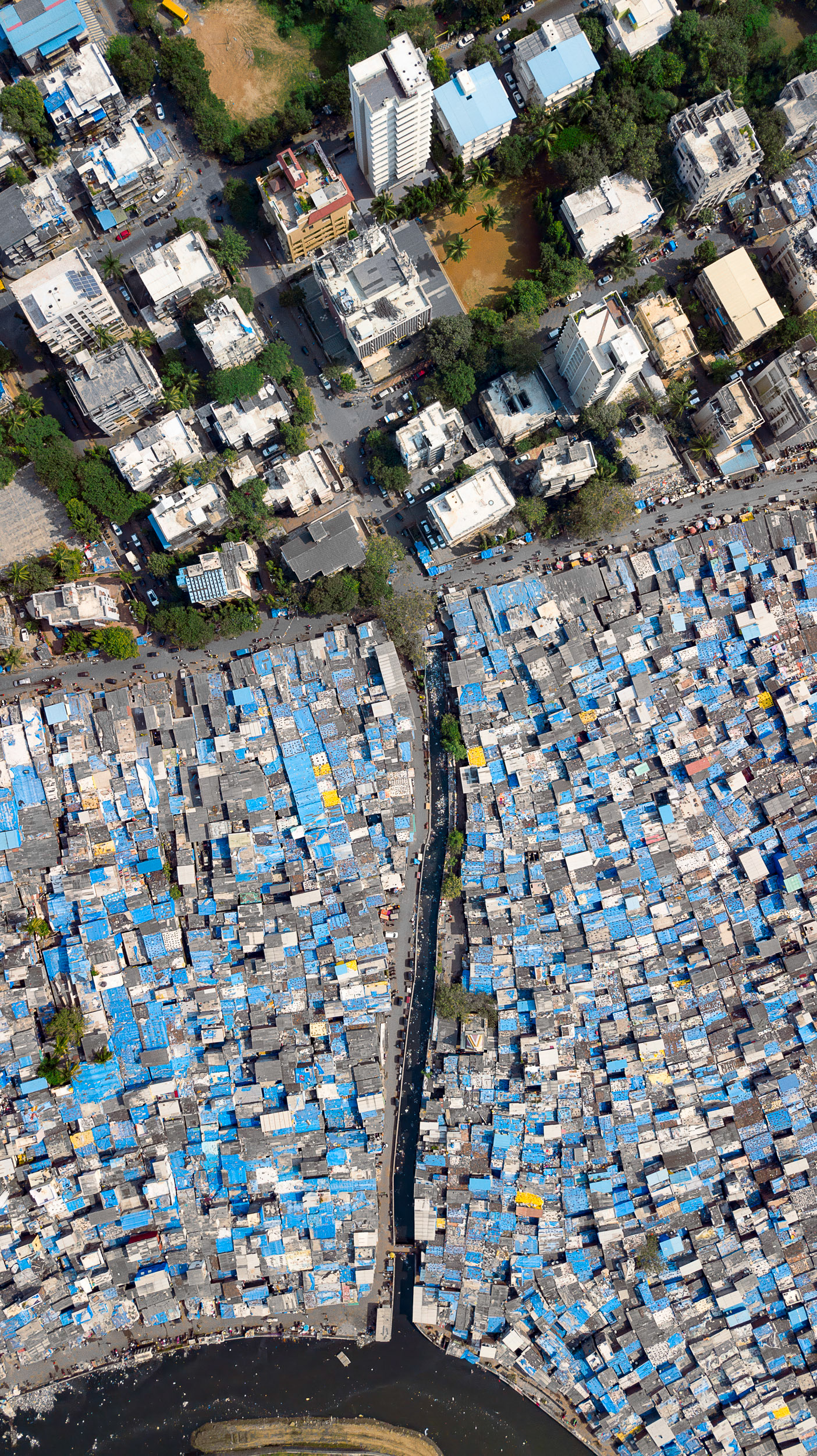 Aerial view of blue-roofed informal housing bordering lush mangroves and vertical apartment blocks.