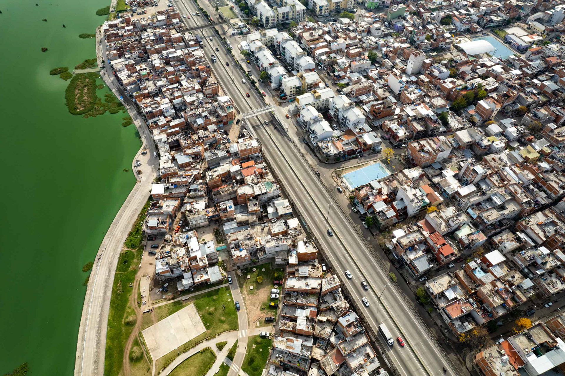 A drone photo of a slum.