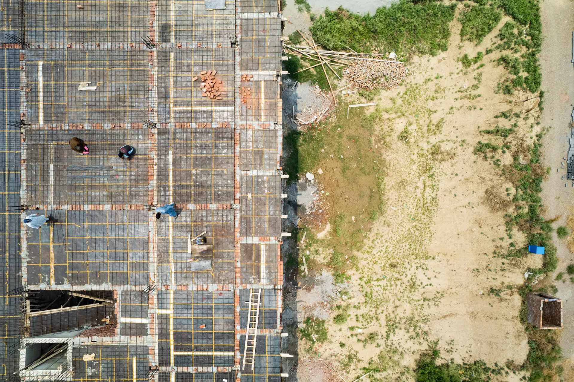 A drone view of a construction site.