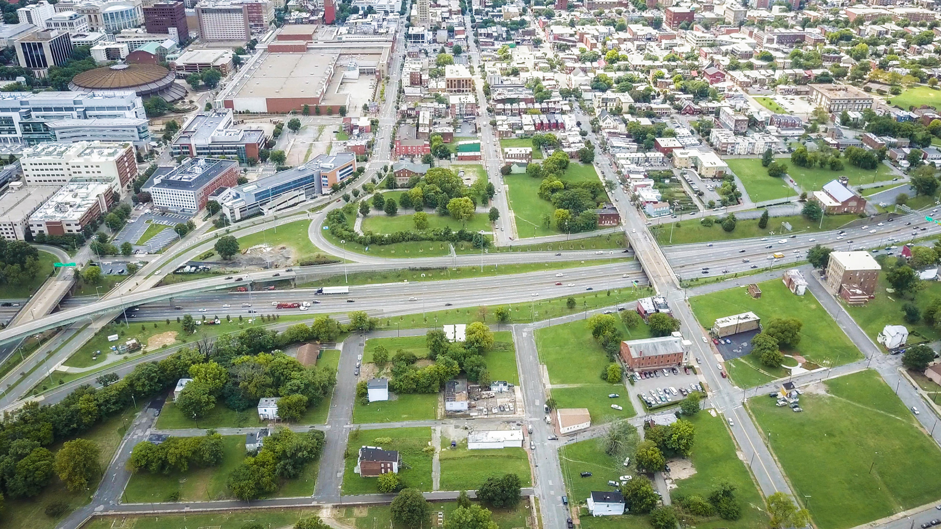 drone view of highway and houses