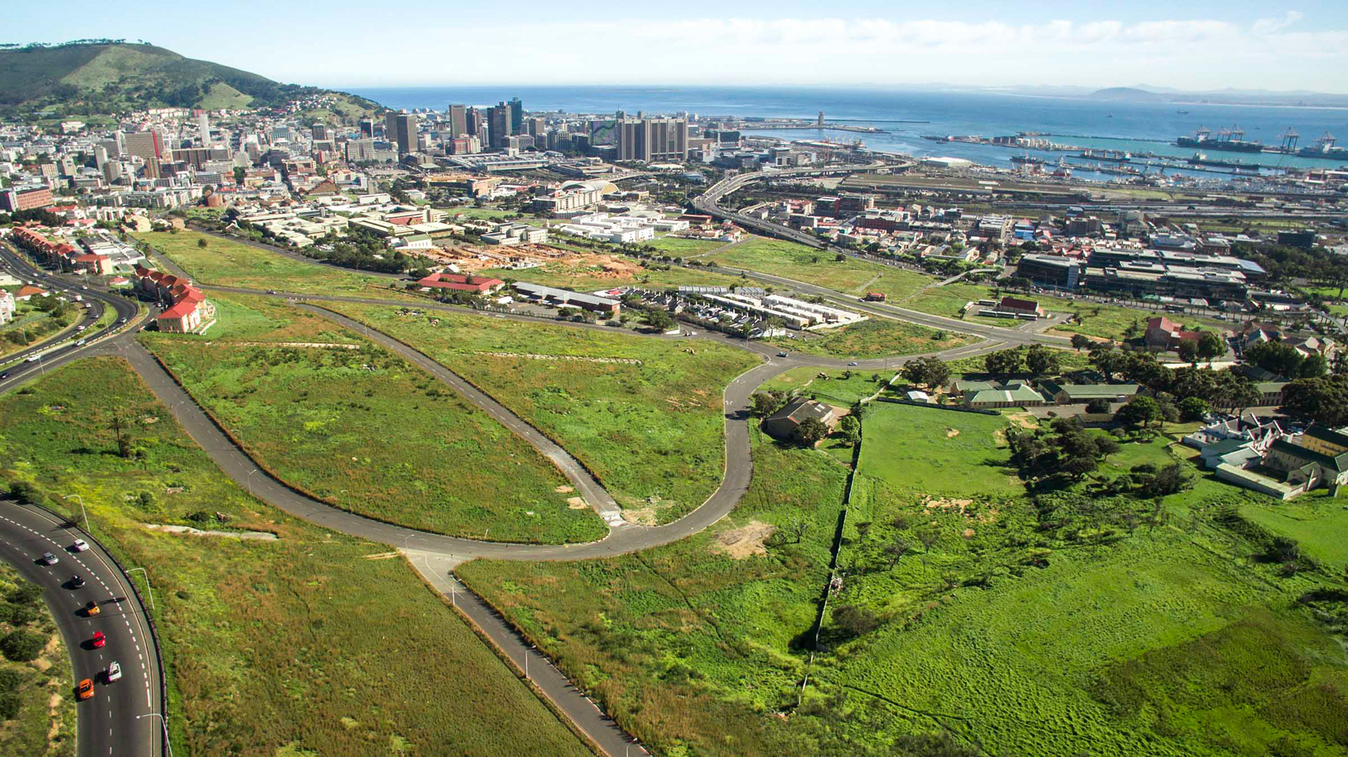 aerial view of abandoned streets and grass and buildings in cape town south africa