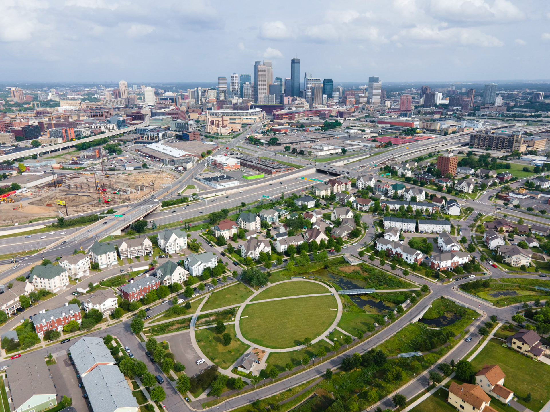 aerial view of highways and buildings in minneapolis