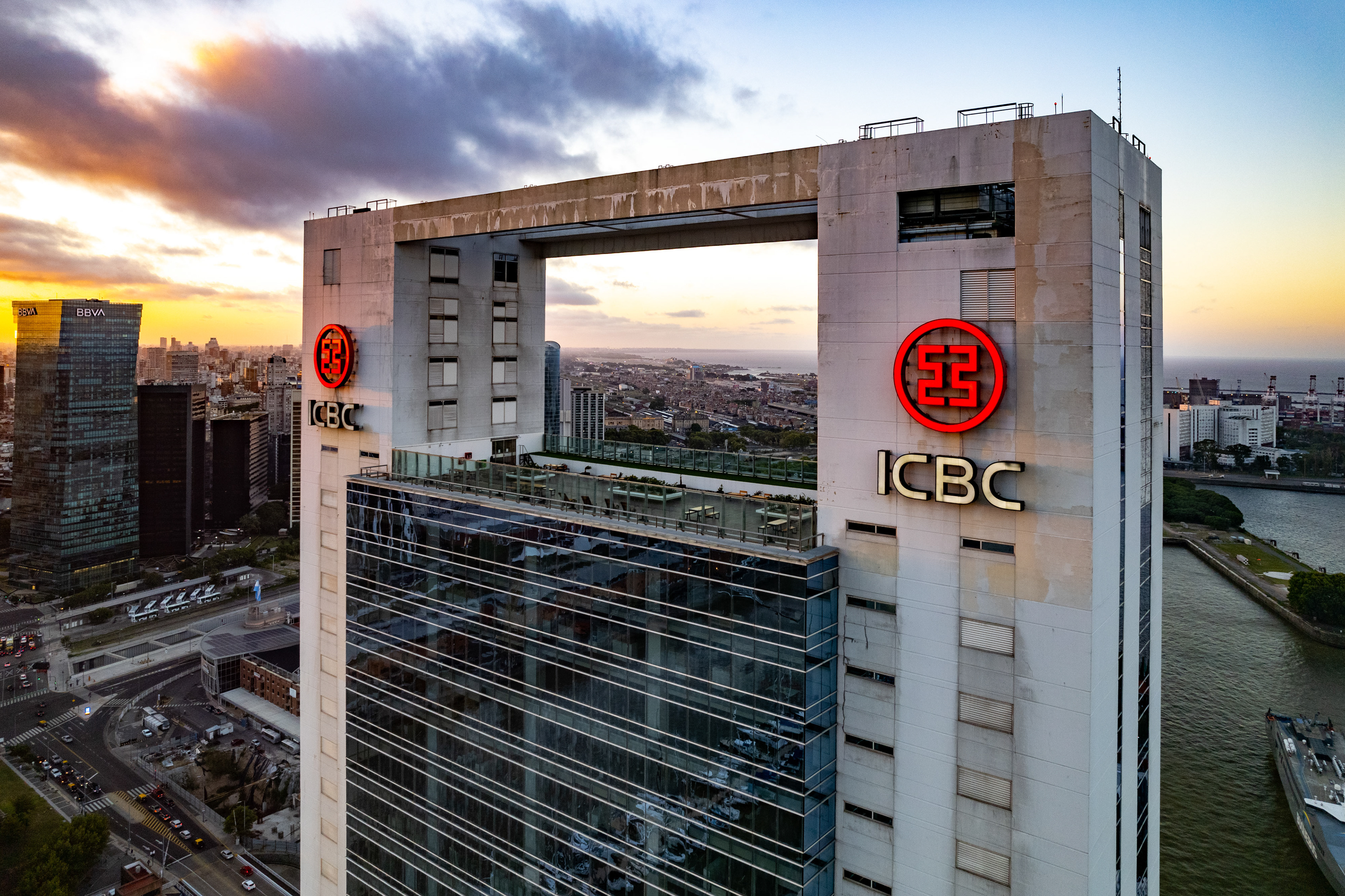 A bank headquarters at sunset in Buenos Aires, Argentina.
