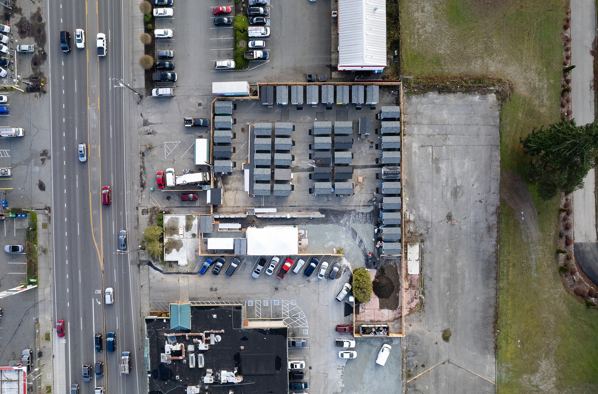 aerial view of a homeless camp in seattle