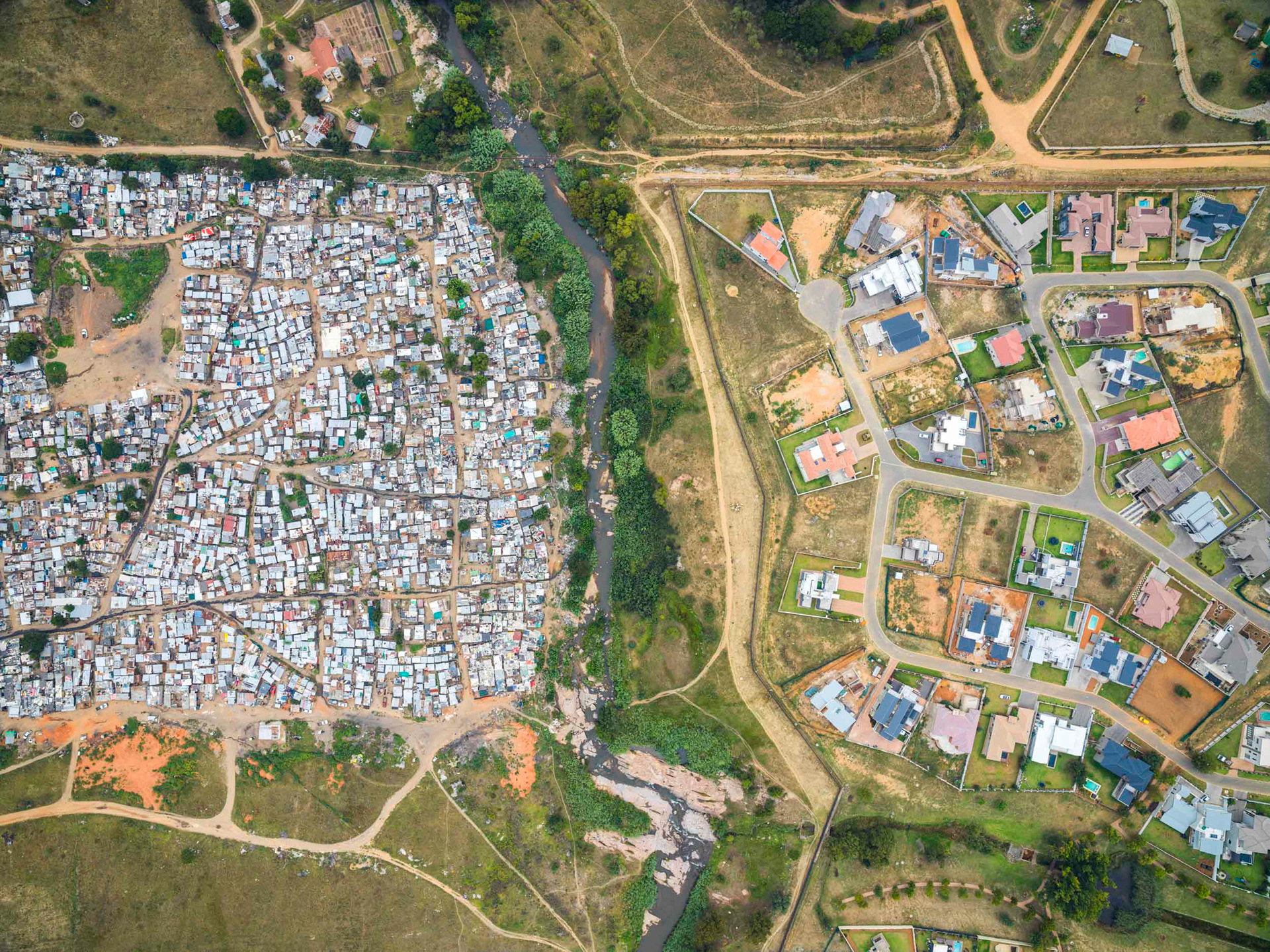 aerial view of shacks in johannesburg