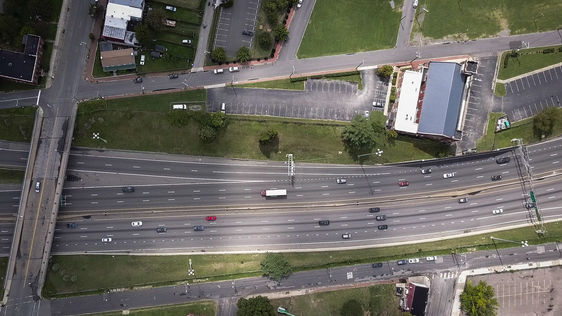 drone view of highway and church in richmond