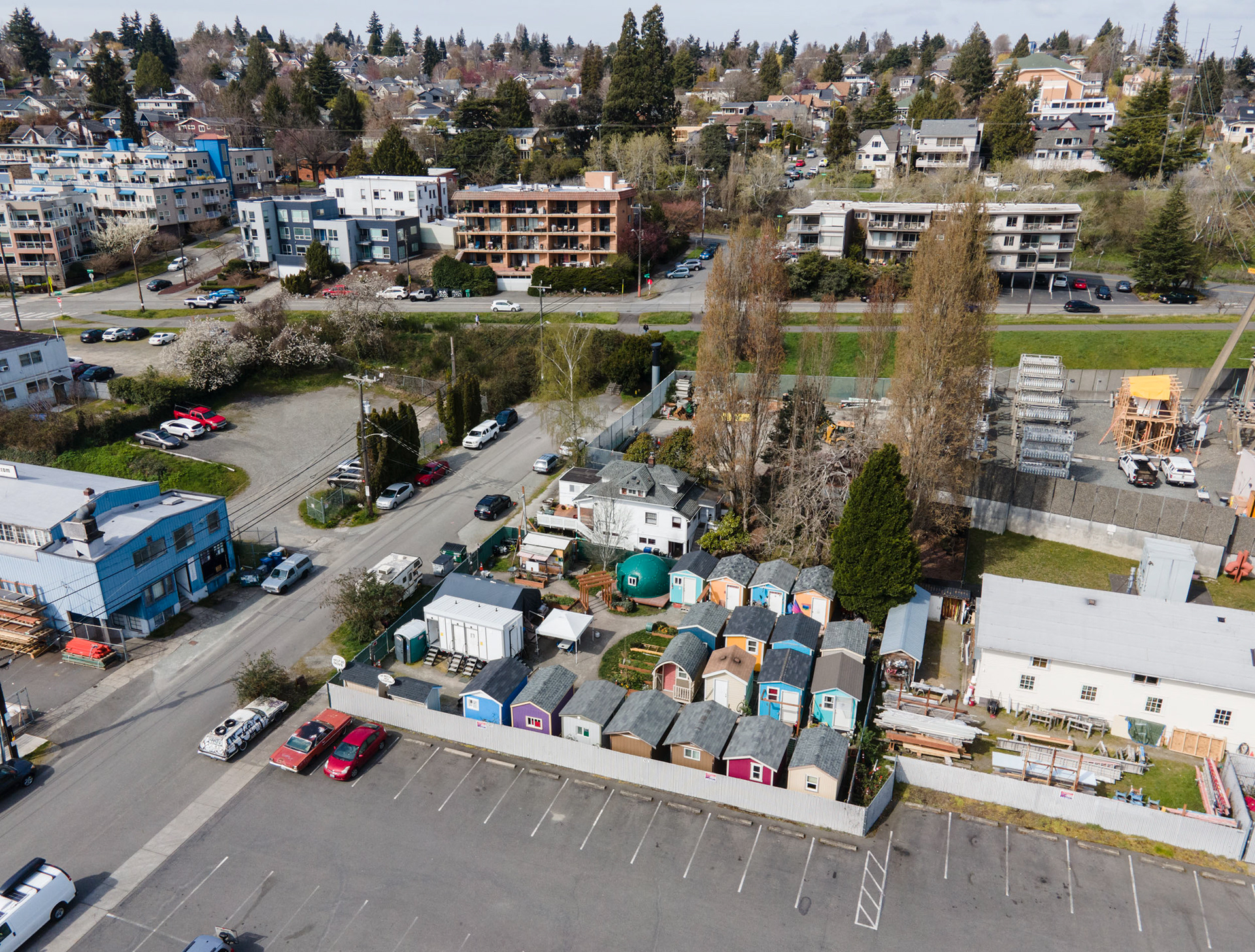 aerial view of a homeless camp in seattle