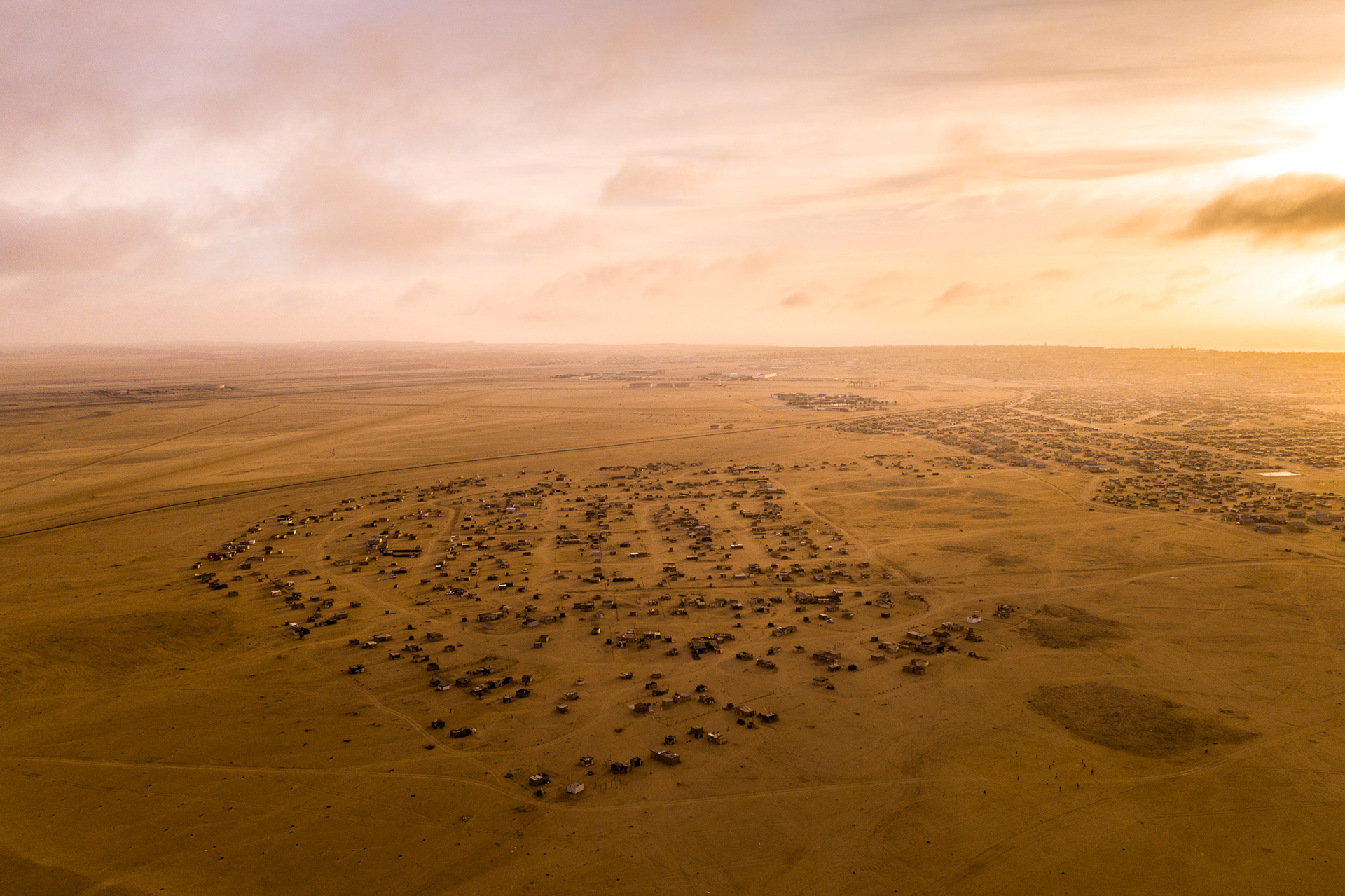 aerial view of a slum at sunset in swakopmund