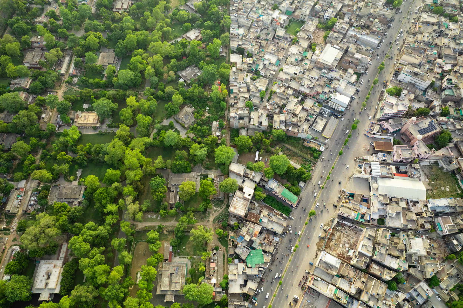A drone view of a line between a forested area and an urban area.