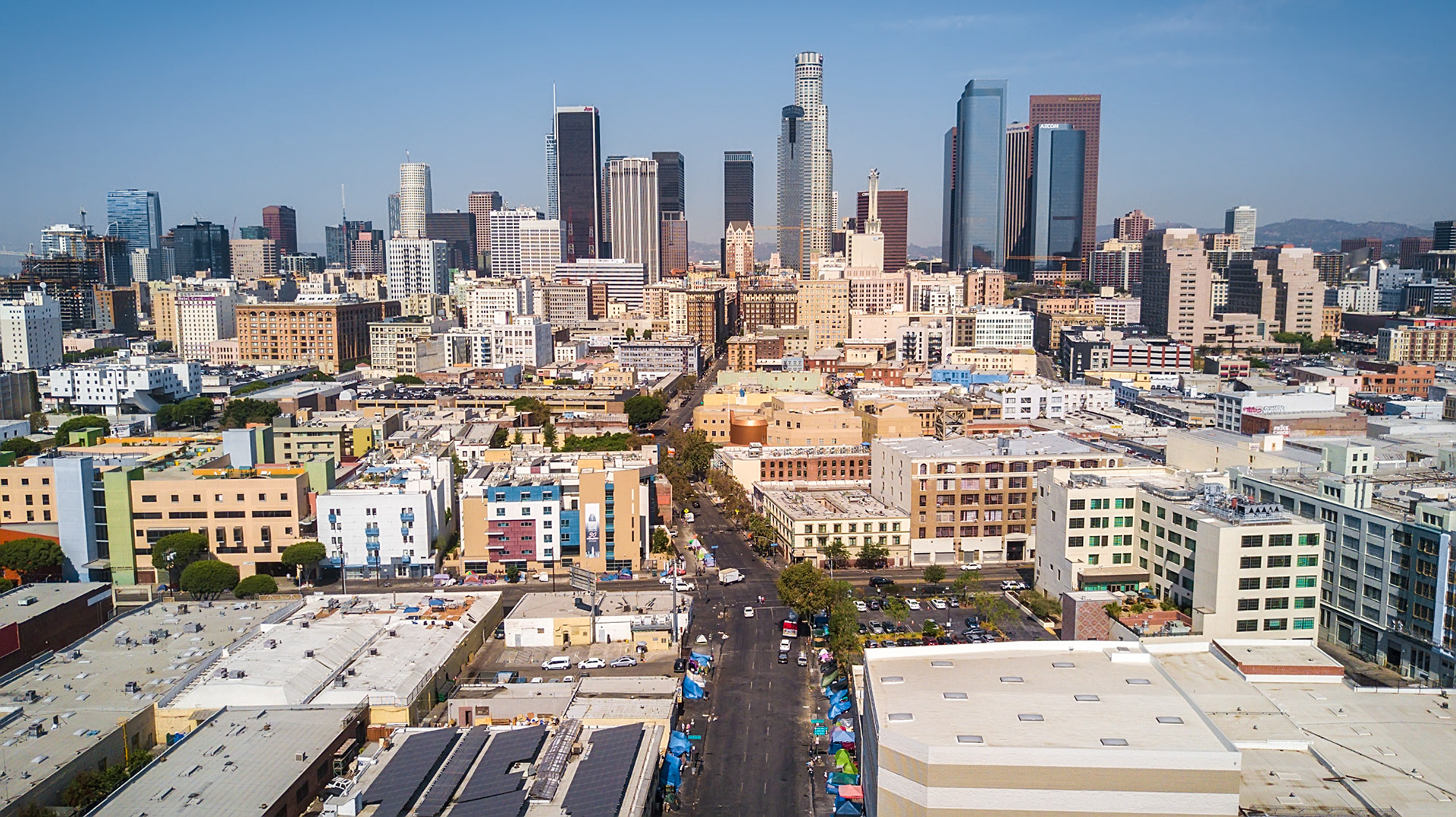 aerial view of skid row in LA