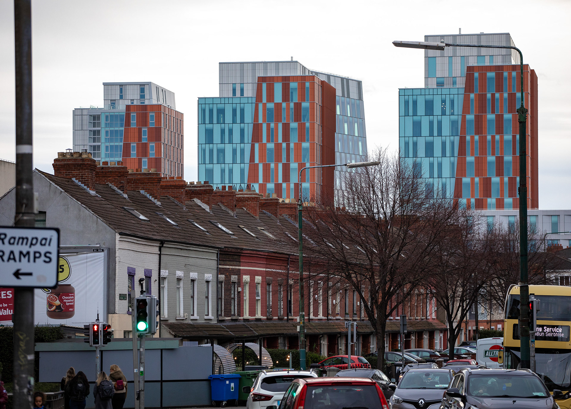 Old homes in front of new office blocks in Dublin, Ireland