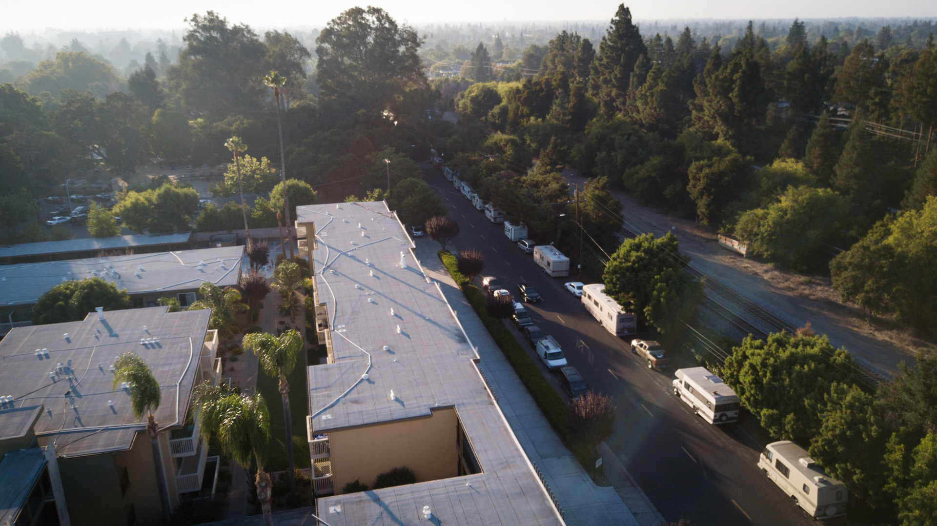 aerial view of homeless in motor homes in california