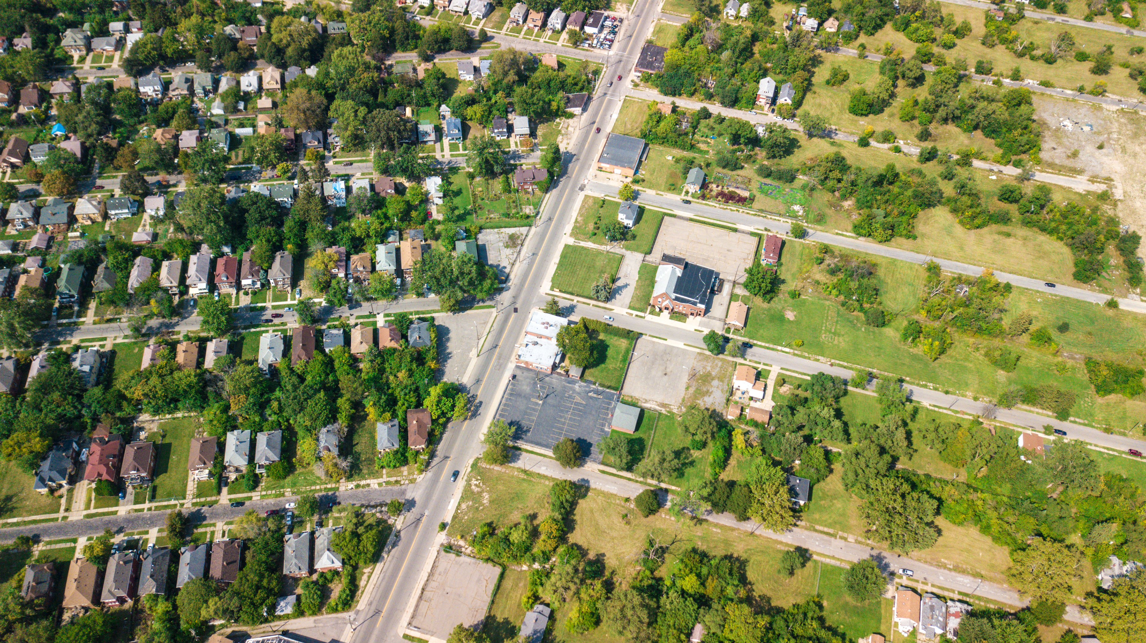 aerial view of a highway and neighborhoods in detroit